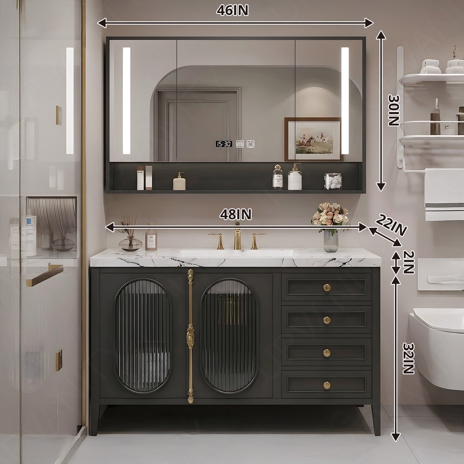 Modern Bath Vanity Set, Black, Gold Accents, 36"- 78", Double/Single, Freestanding, Glass Door, Smart LED Mirror, Rear Cabinet