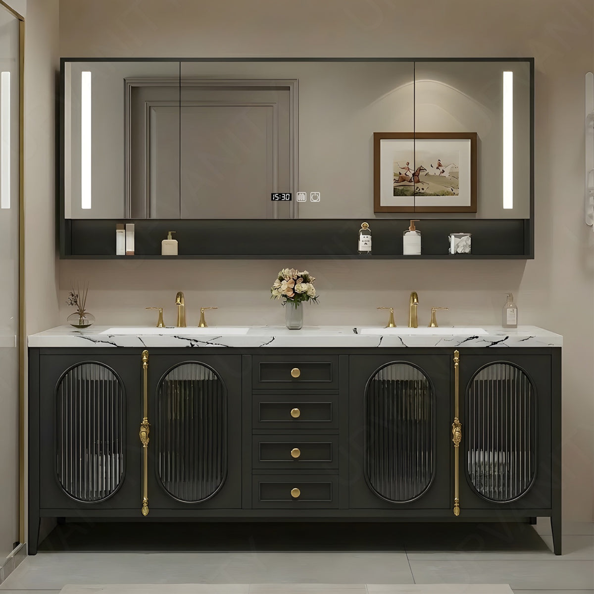 Modern Bath Vanity Set, Black, Gold Accents, 36"- 78", Double/Single, Freestanding, Glass Door, Smart LED Mirror, Rear Cabinet