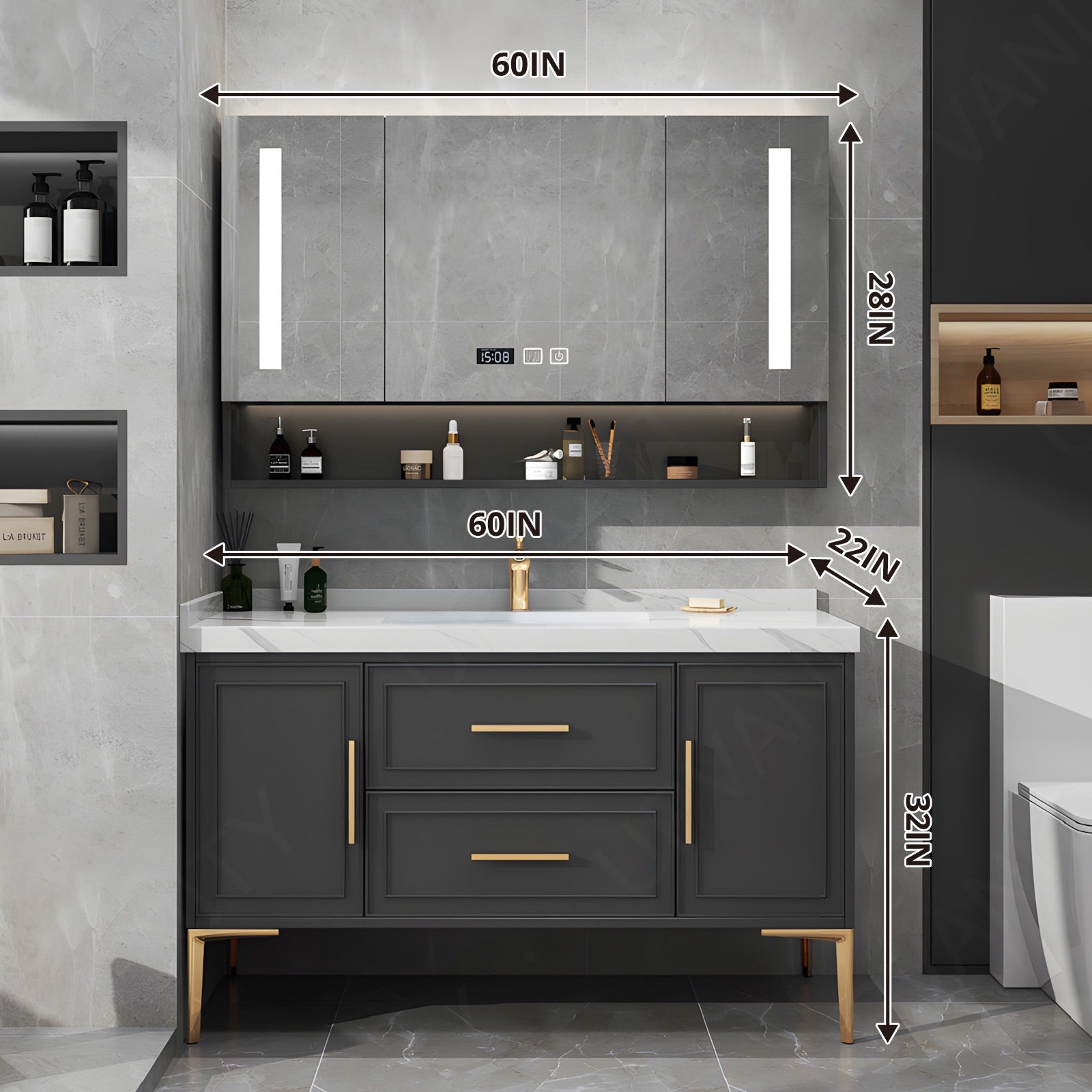 Modern Bath Vanity Set, Black, Gold Accents, 40"-64", Single, Freestanding, Smart LED Mirror, Rear Cabinet