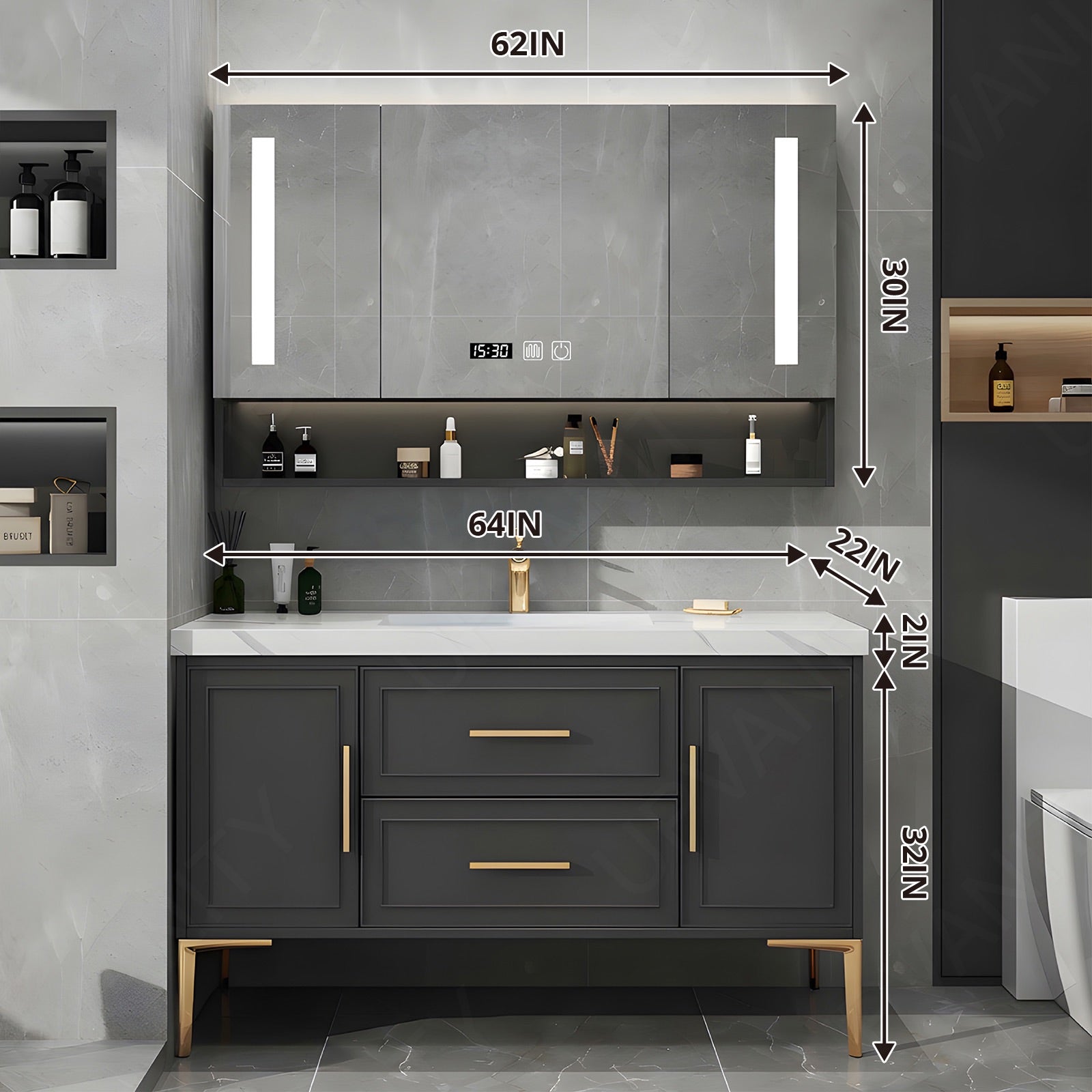 Modern Bath Vanity Set, Black, Gold Accents, 40"-64", Single, Freestanding, Smart LED Mirror, Rear Cabinet