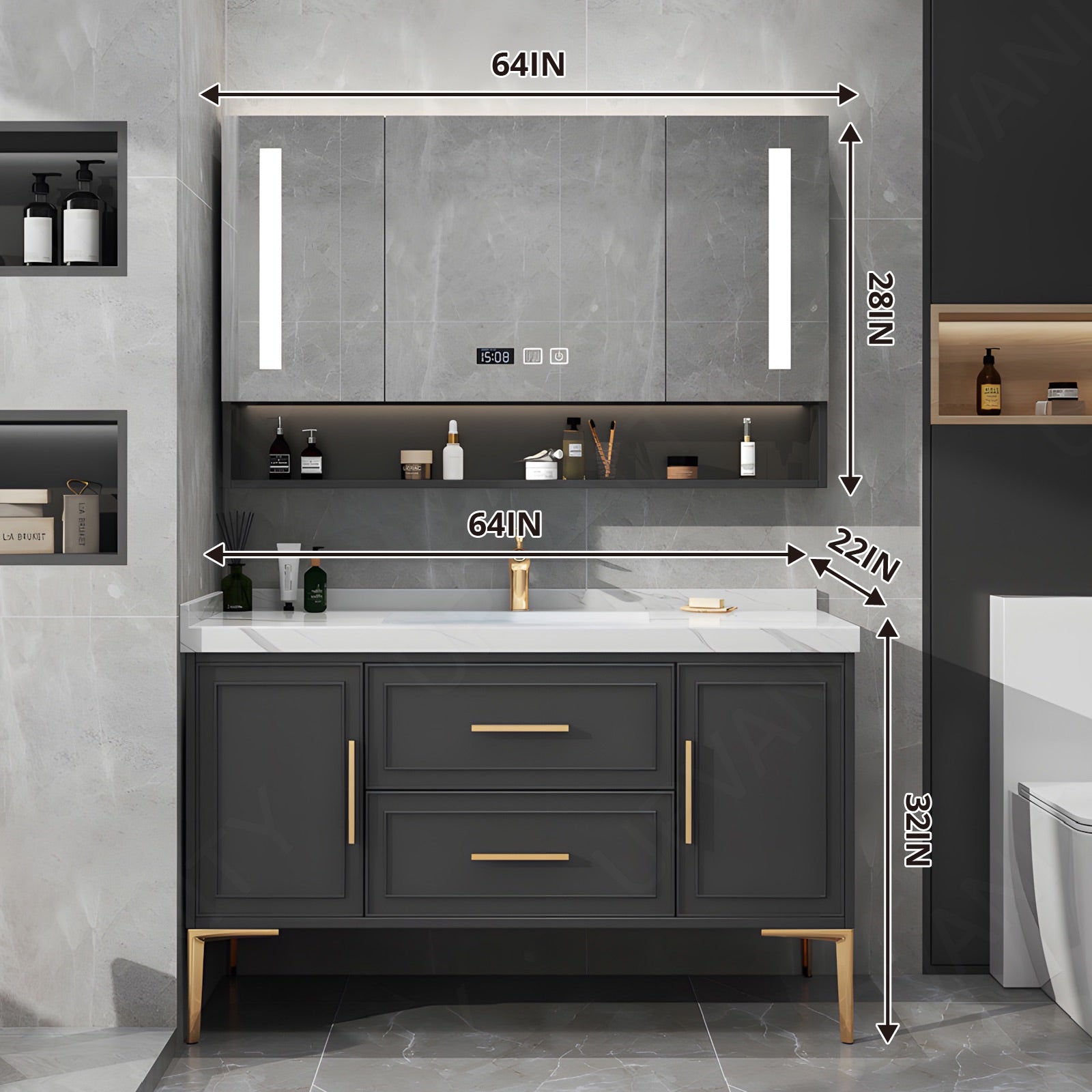 Modern Bath Vanity Set, Black, Gold Accents, 40"-64", Single, Freestanding, Smart LED Mirror, Rear Cabinet