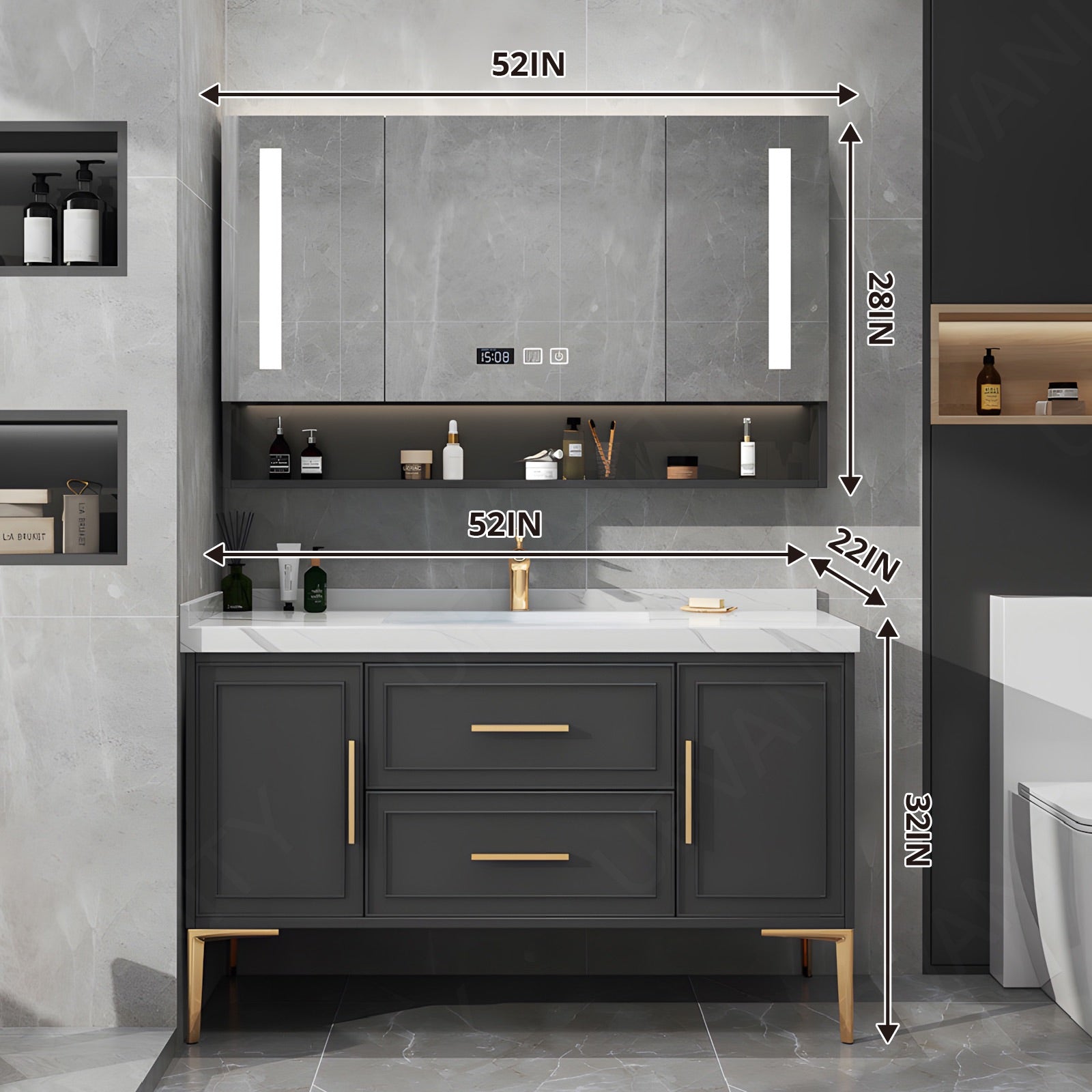Modern Bath Vanity Set, Black, Gold Accents, 40"-64", Single, Freestanding, Smart LED Mirror, Rear Cabinet