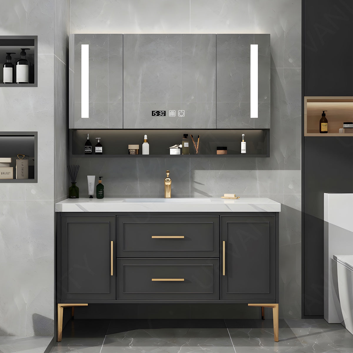 Modern Bath Vanity Set, Black, Gold Accents, 40"-64", Single, Freestanding, Smart LED Mirror, Rear Cabinet