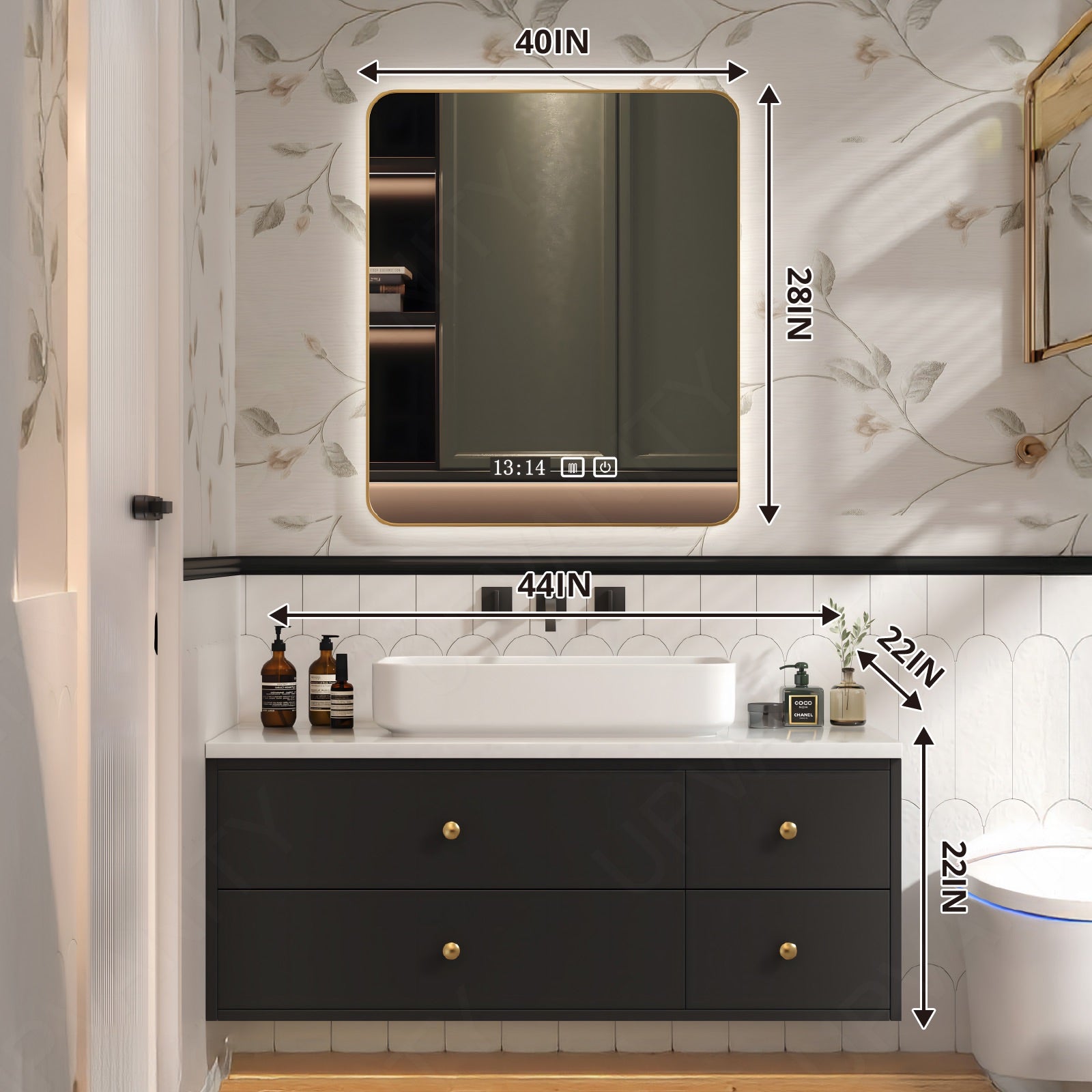 Modern Bath Vanity Set, Black, Gold Accents, 40"-64", Single Vessel Sink, Floating, Smart LED Mirror