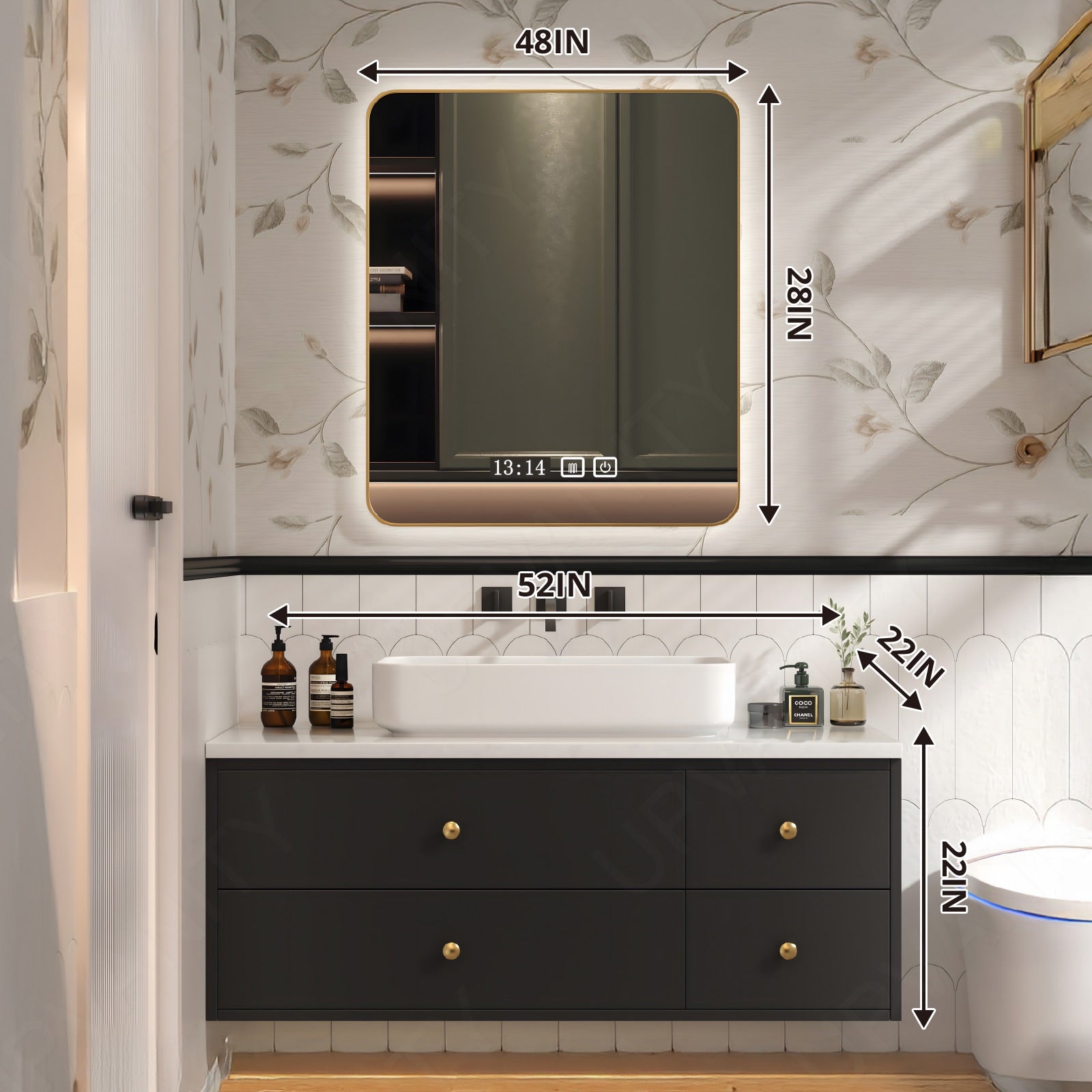 Modern Bath Vanity Set, Black, Gold Accents, 40"-64", Single Vessel Sink, Floating, Smart LED Mirror