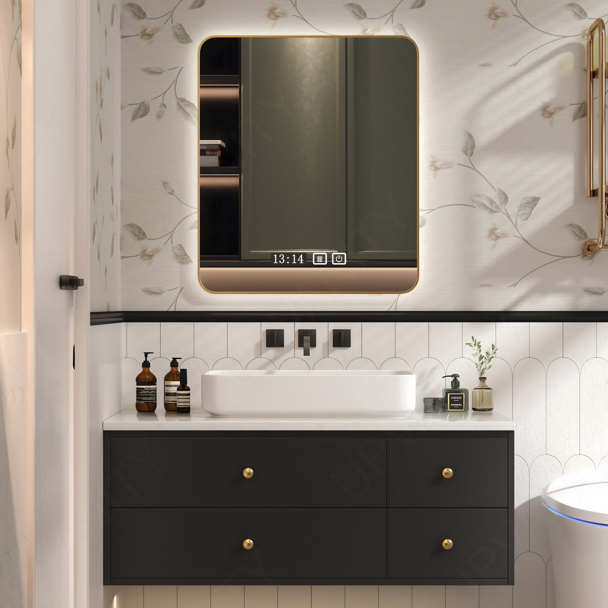 Modern Bath Vanity Set, Black, Gold Accents, 40"-64", Single Vessel Sink, Floating, Smart LED Mirror