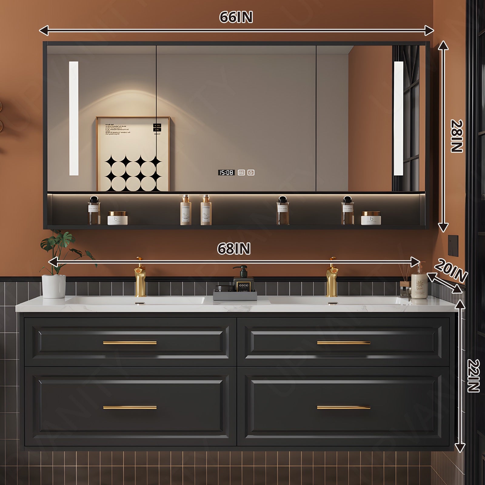 Modern Bath Vanity Set, Black, Gold Accents, 56"-78", Double, Floating, Sectional Storage, Smart LED Mirror, Rear Cabinet