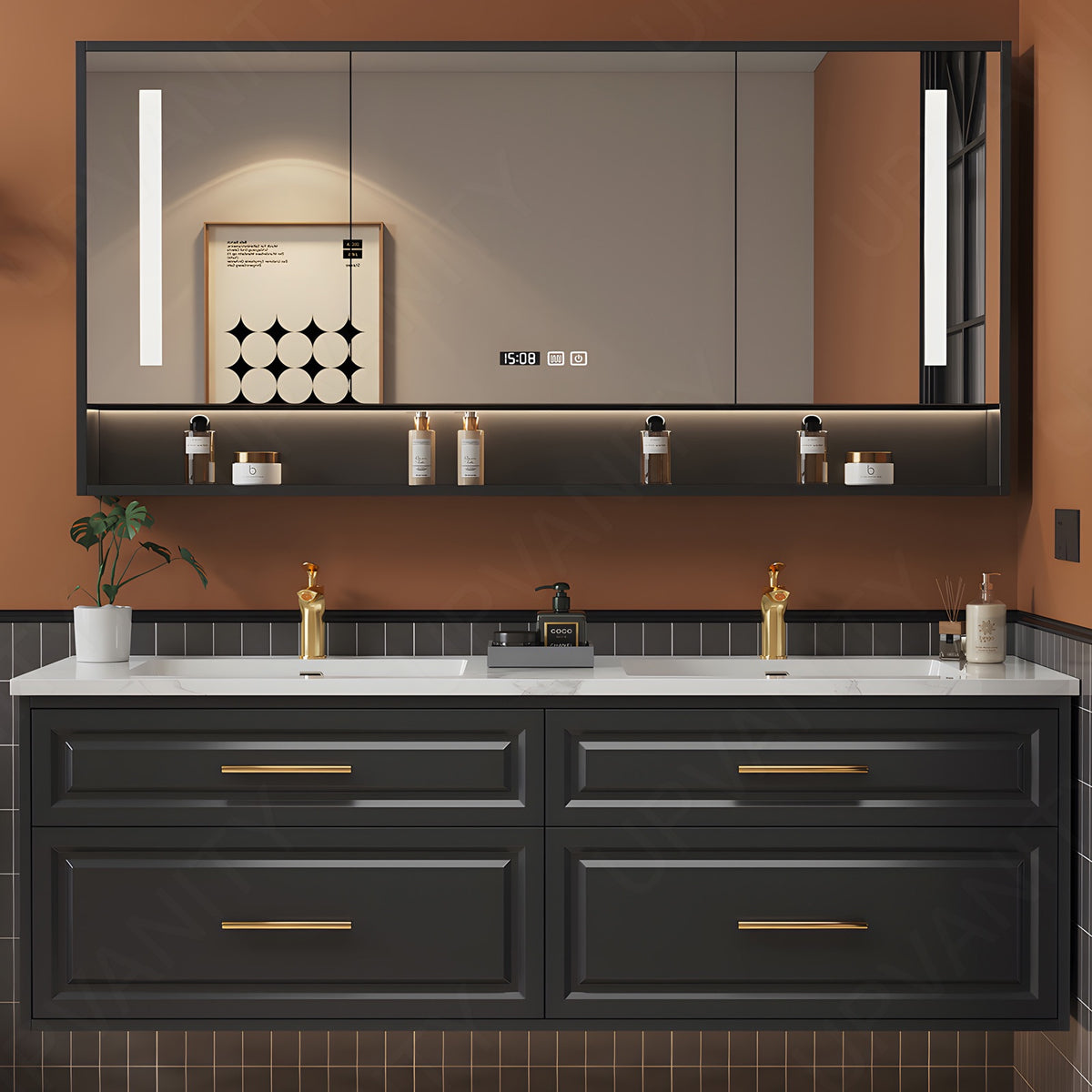 Modern Bath Vanity Set, Black, Gold Accents, 56"-78", Double, Floating, Sectional Storage, Smart LED Mirror, Rear Cabinet