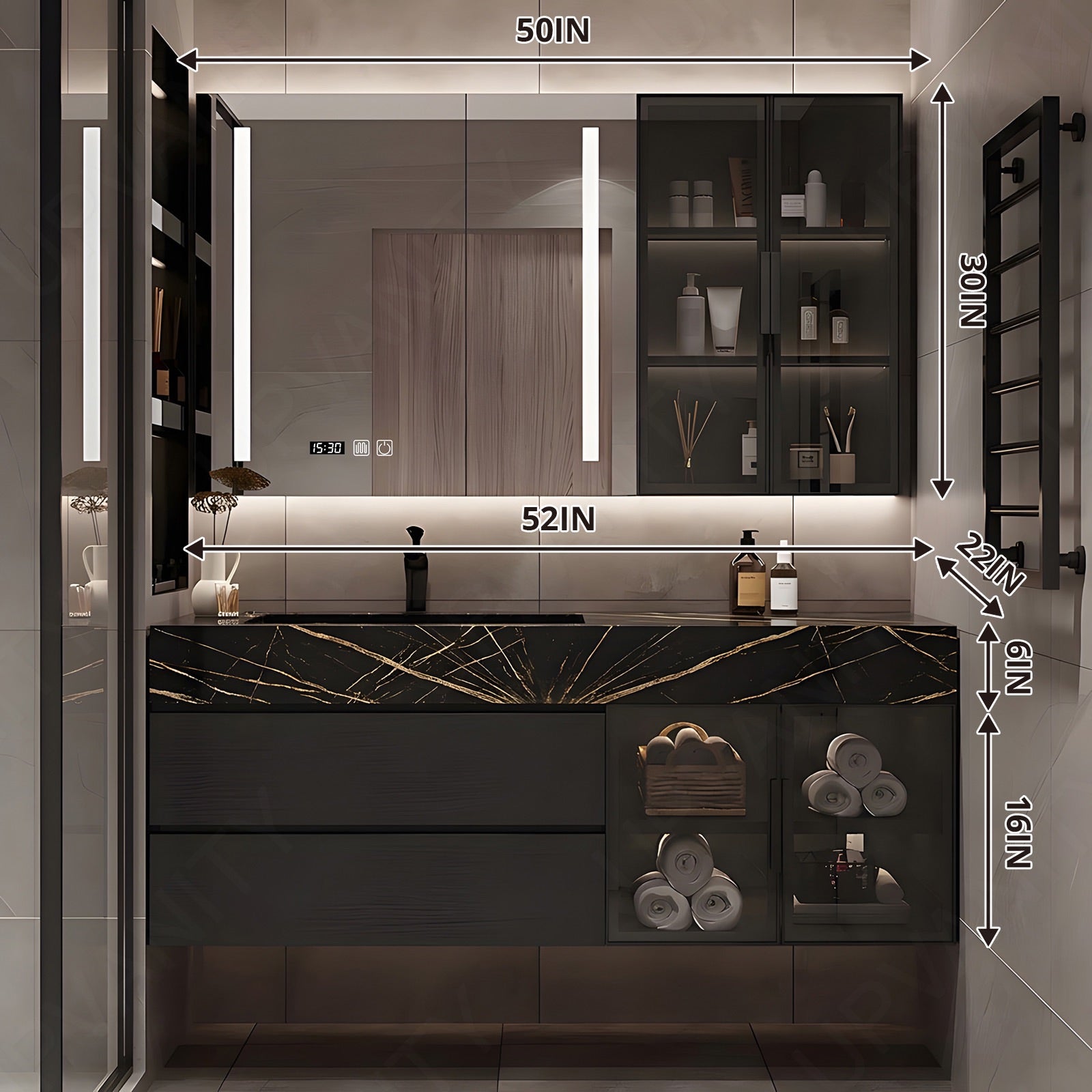 Modern Bath Vanity Set, Black, Gold Accents, Glass Door, 40"- 64", Single, Floating, Smart LED Mirror, Rear and Side Cabinets