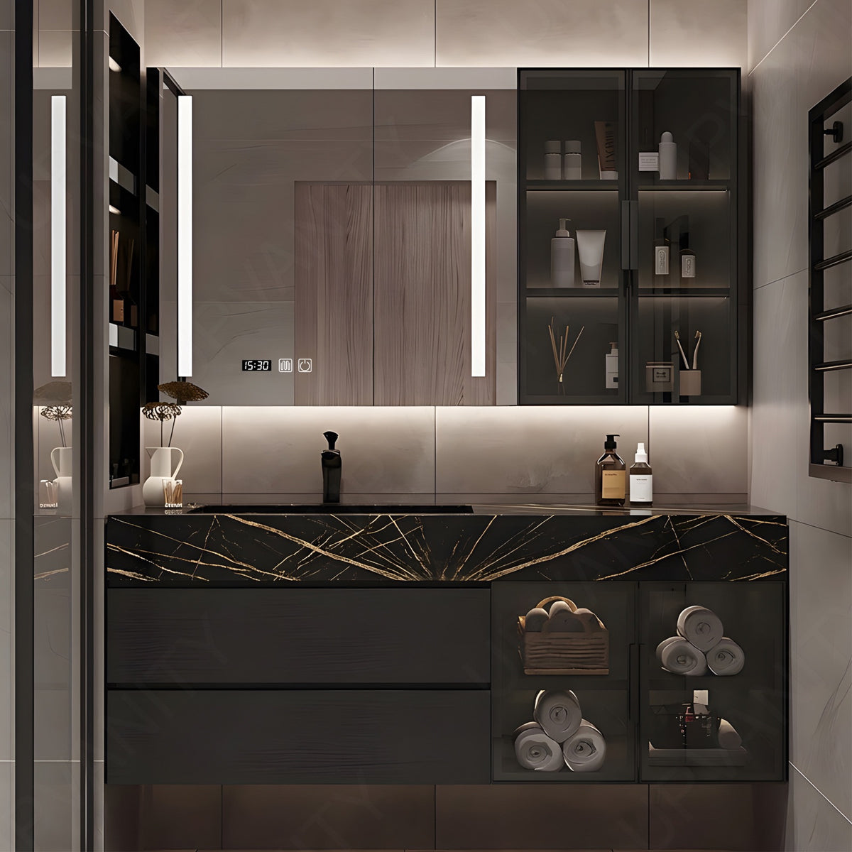Modern Bath Vanity Set, Black, Gold Accents, Glass Door, 40"- 64", Single, Floating, Smart LED Mirror, Rear and Side Cabinets