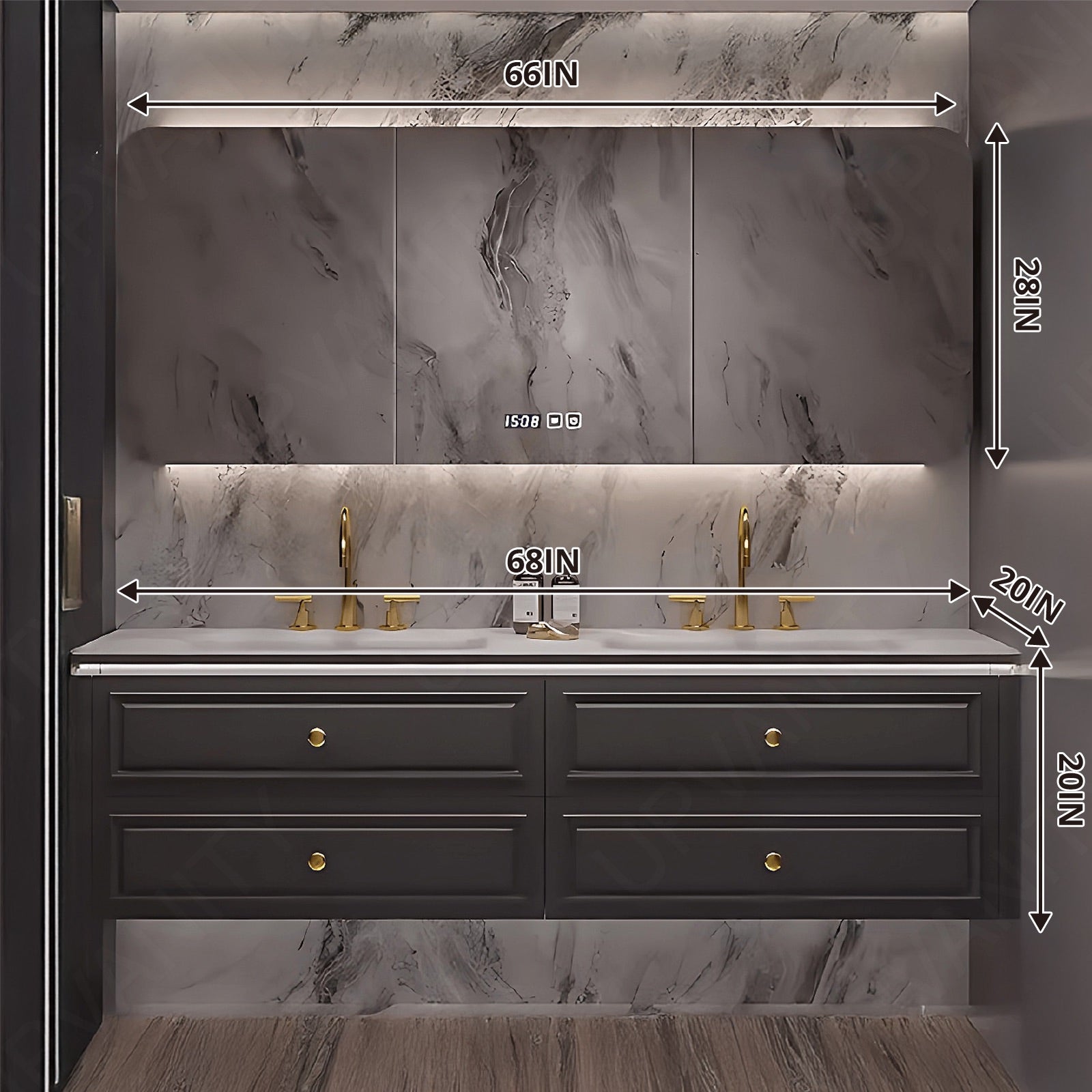 Modern Bath Vanity Set, Black, Gold Accents, Rounded Edge, 52"- 78", Double, Floating, Smart LED Mirror, Rear Cabinet