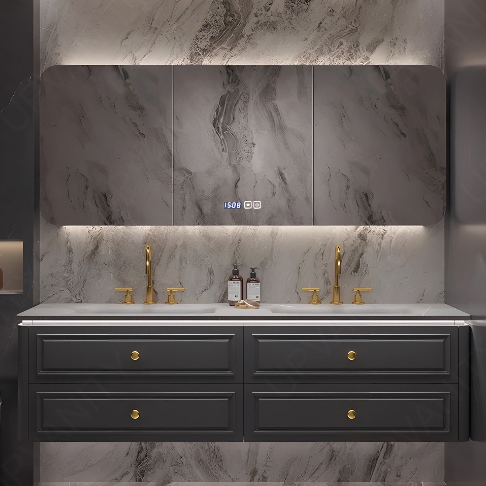 Modern Bath Vanity Set, Black, Gold Accents, Rounded Edge, 52"- 78", Double, Floating, Smart LED Mirror, Rear Cabinet
