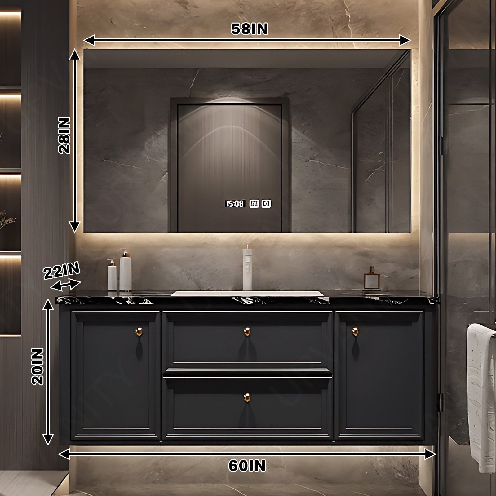 Modern Bath Vanity Set, Black, Gold Accents, Sectional Storage, 44"- 64", Single, Floating, Smart Led Mirror