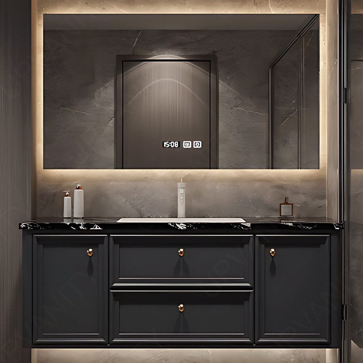 Modern Bath Vanity Set, Black, Gold Accents, Sectional Storage, 44"- 64", Single, Floating, Smart Led Mirror