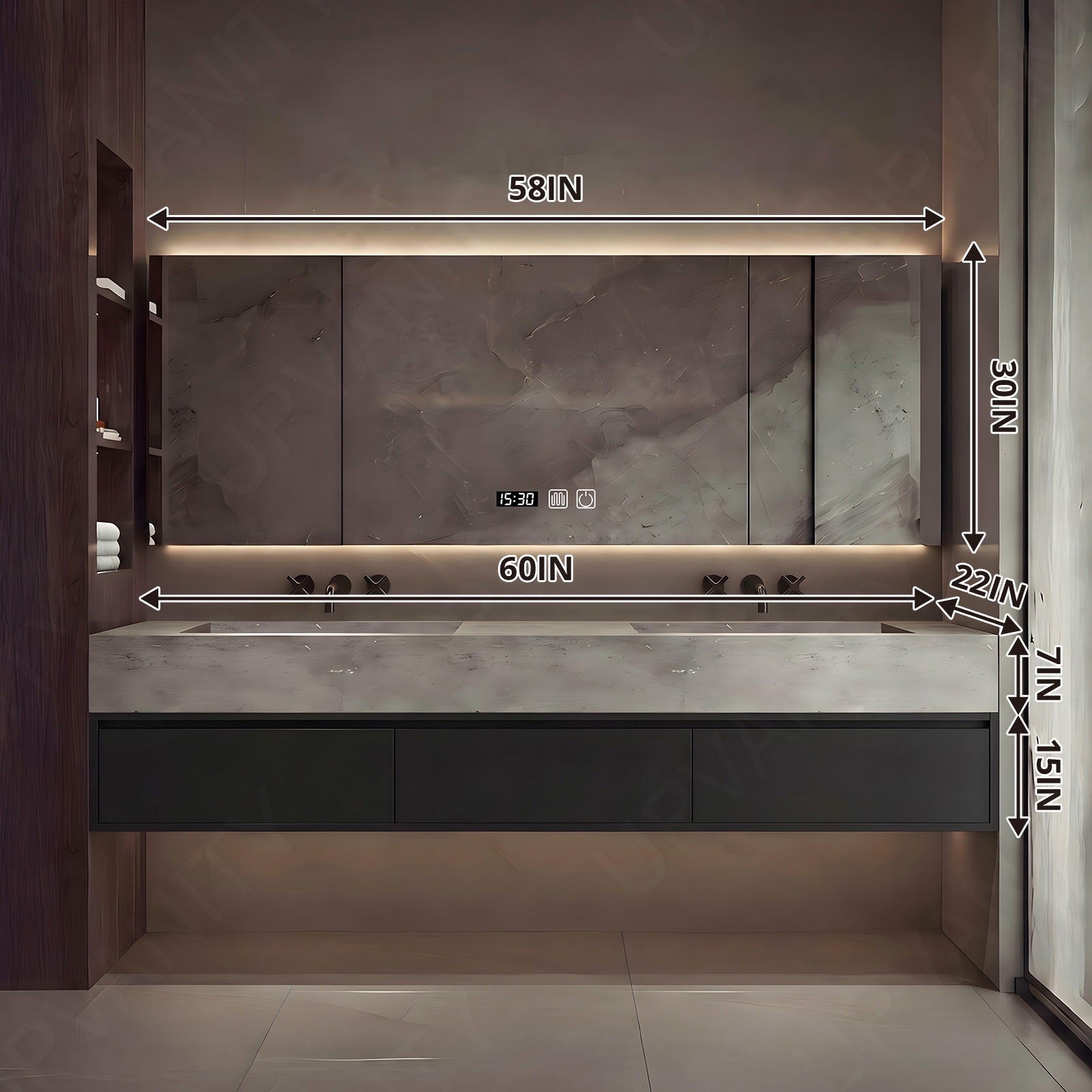 Modern Bath Vanity Set, Black, Gray Slate Top, 56"-78", Double, Floating, Smart LED Mirror, Rear Cabinet
