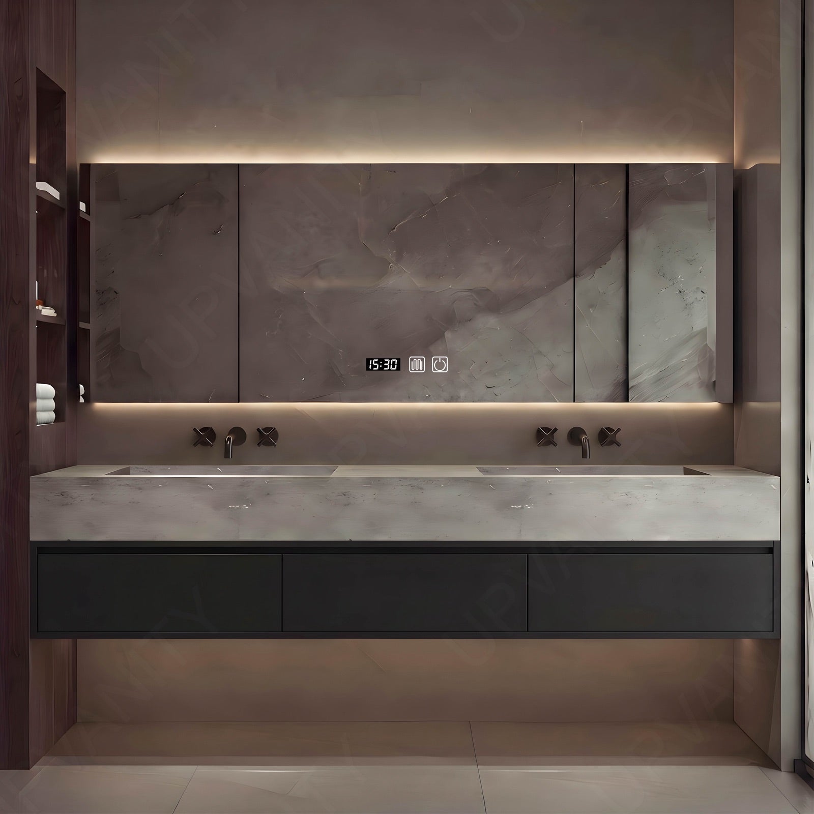 Modern Bath Vanity Set, Black, Gray Slate Top, 56"-78", Double, Floating, Smart LED Mirror, Rear Cabinet