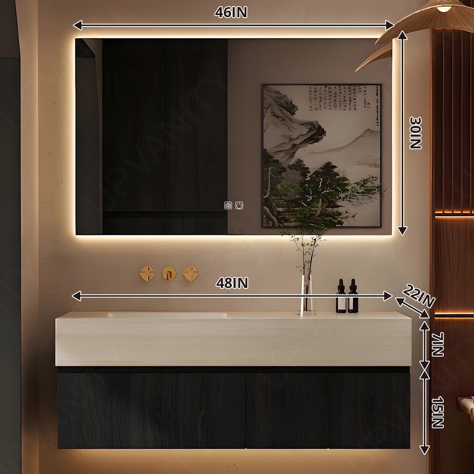 Modern Bath Vanity Set, Black, Joint Beige Top, 32"-72", Single, Floating, Classic Panel, Smart LED Mirror