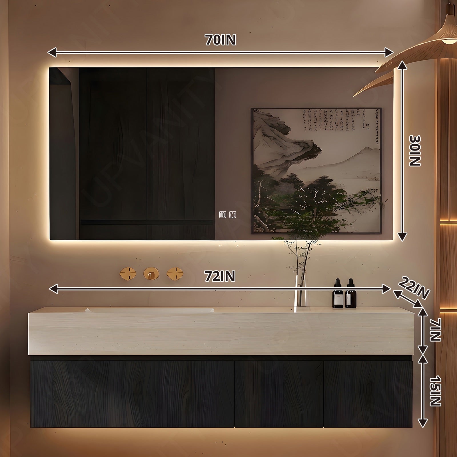 Modern Bath Vanity Set, Black, Joint Beige Top, 32"-72", Single, Floating, Classic Panel, Smart LED Mirror