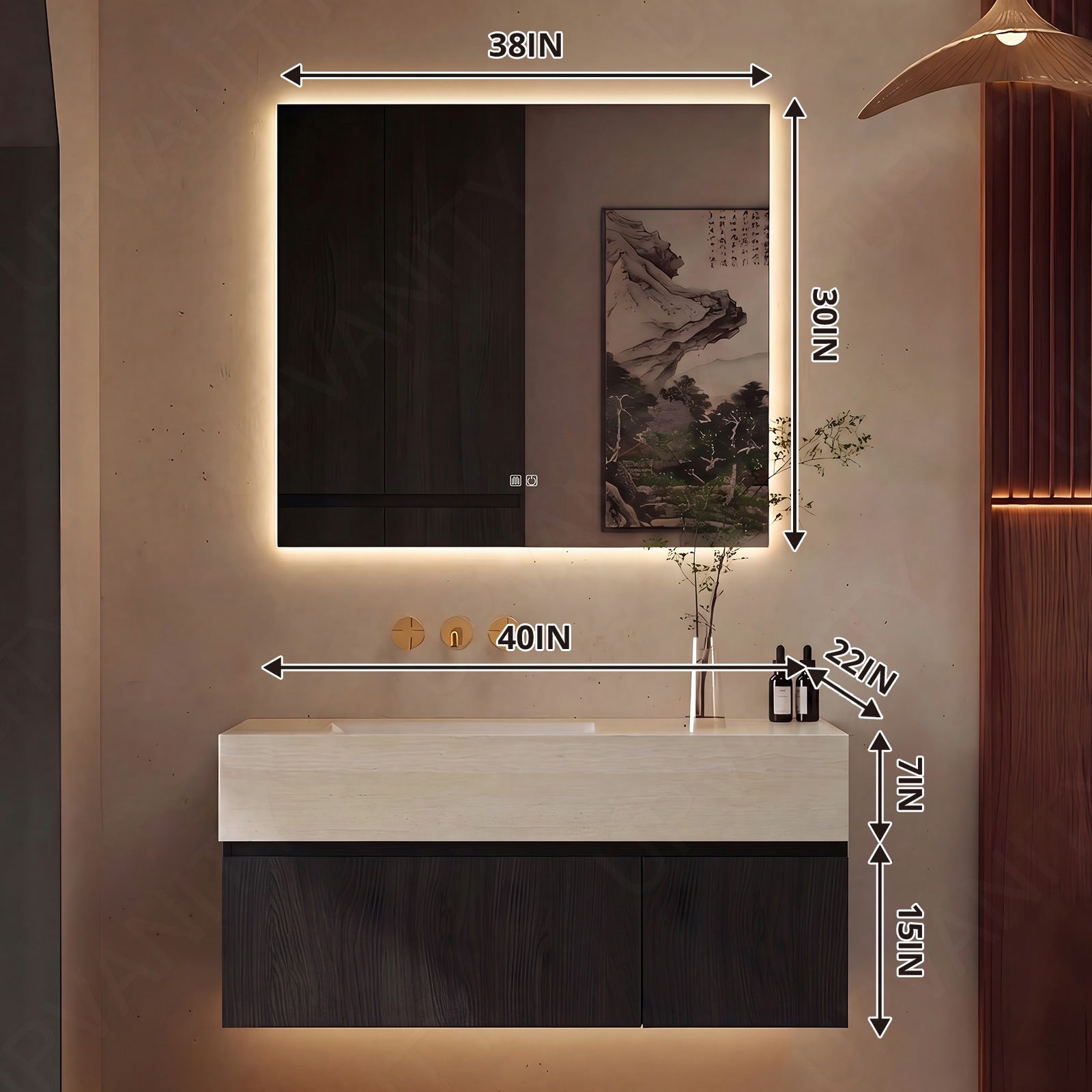 Modern Bath Vanity Set, Black, Joint Beige Top, 32"-72", Single, Floating, Classic Panel, Smart LED Mirror