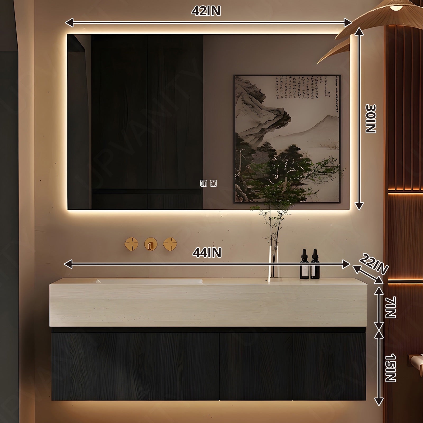 Modern Bath Vanity Set, Black, Joint Beige Top, 32"-72", Single, Floating, Classic Panel, Smart LED Mirror
