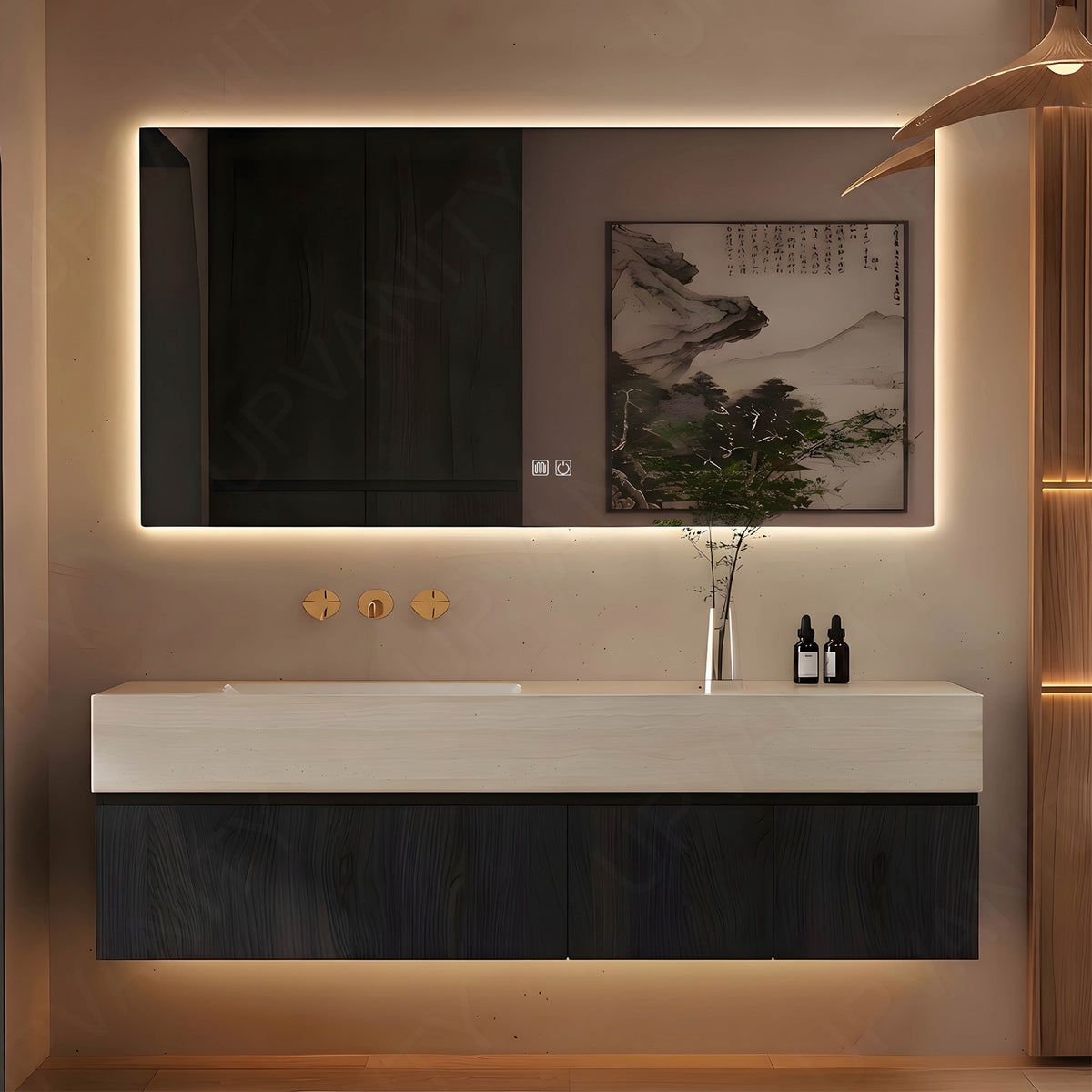 Modern Bath Vanity Set, Black, Joint Beige Top, 32"-72", Single, Floating, Classic Panel, Smart LED Mirror