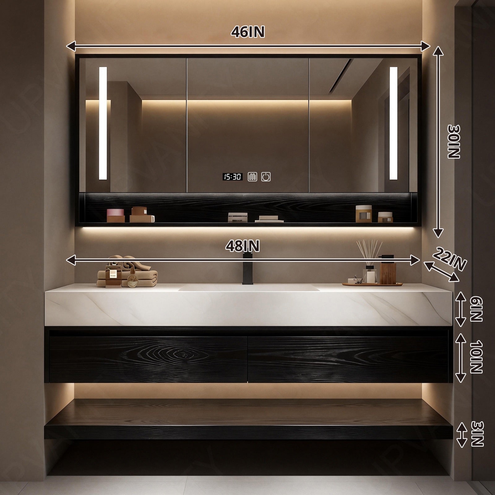 Modern Bath Vanity Set, Black, Joint White Top, 40"- 72", Single, Floating, Smart LED Mirror, Rear Cabinet