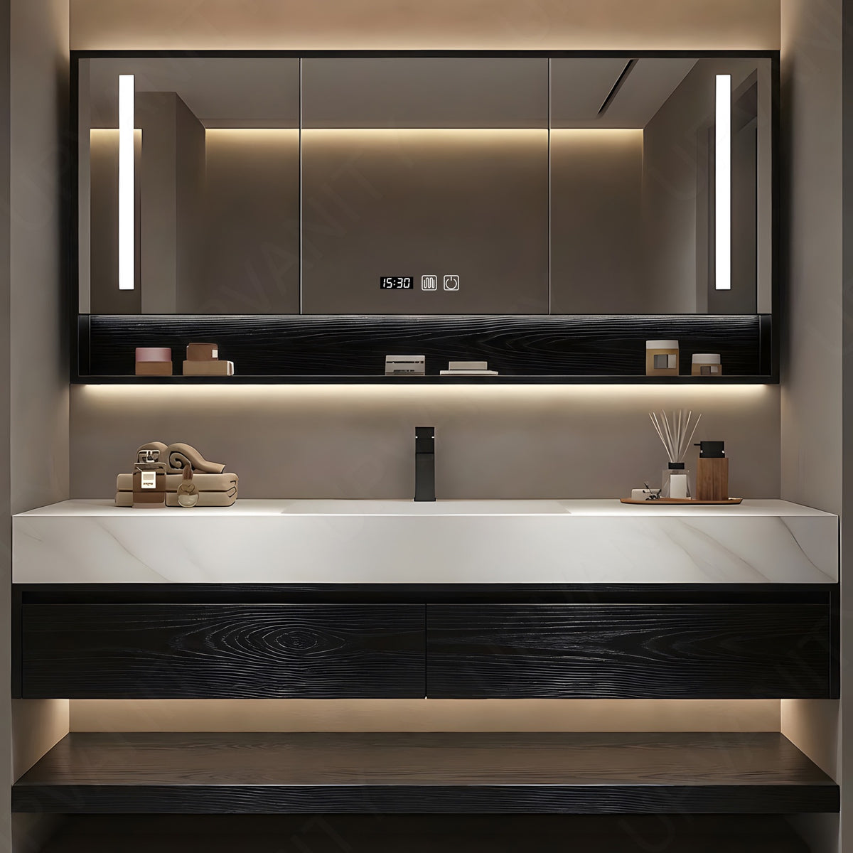 Modern Bath Vanity Set, Black, Joint White Top, 40"- 72", Single, Floating, Smart LED Mirror, Rear Cabinet