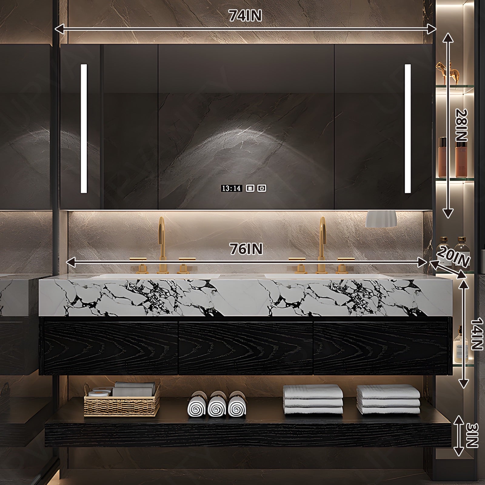 Modern Bath Vanity Set, Black, Joint White Top, 56"-78", Double, Floating, Open Storage, Smart LED Mirror, Rear Cabinet