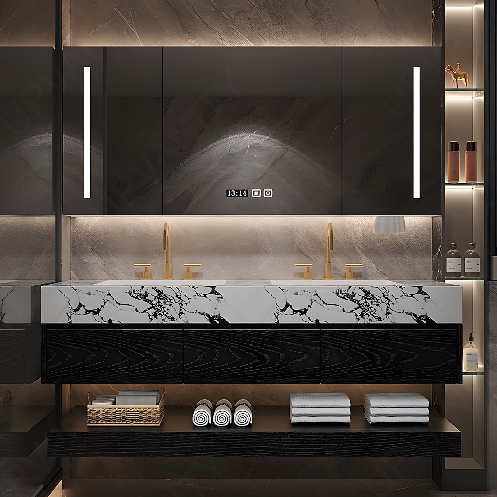 Modern Bath Vanity Set, Black, Joint White Top, 56"-78", Double, Floating, Open Storage, Smart LED Mirror, Rear Cabinet