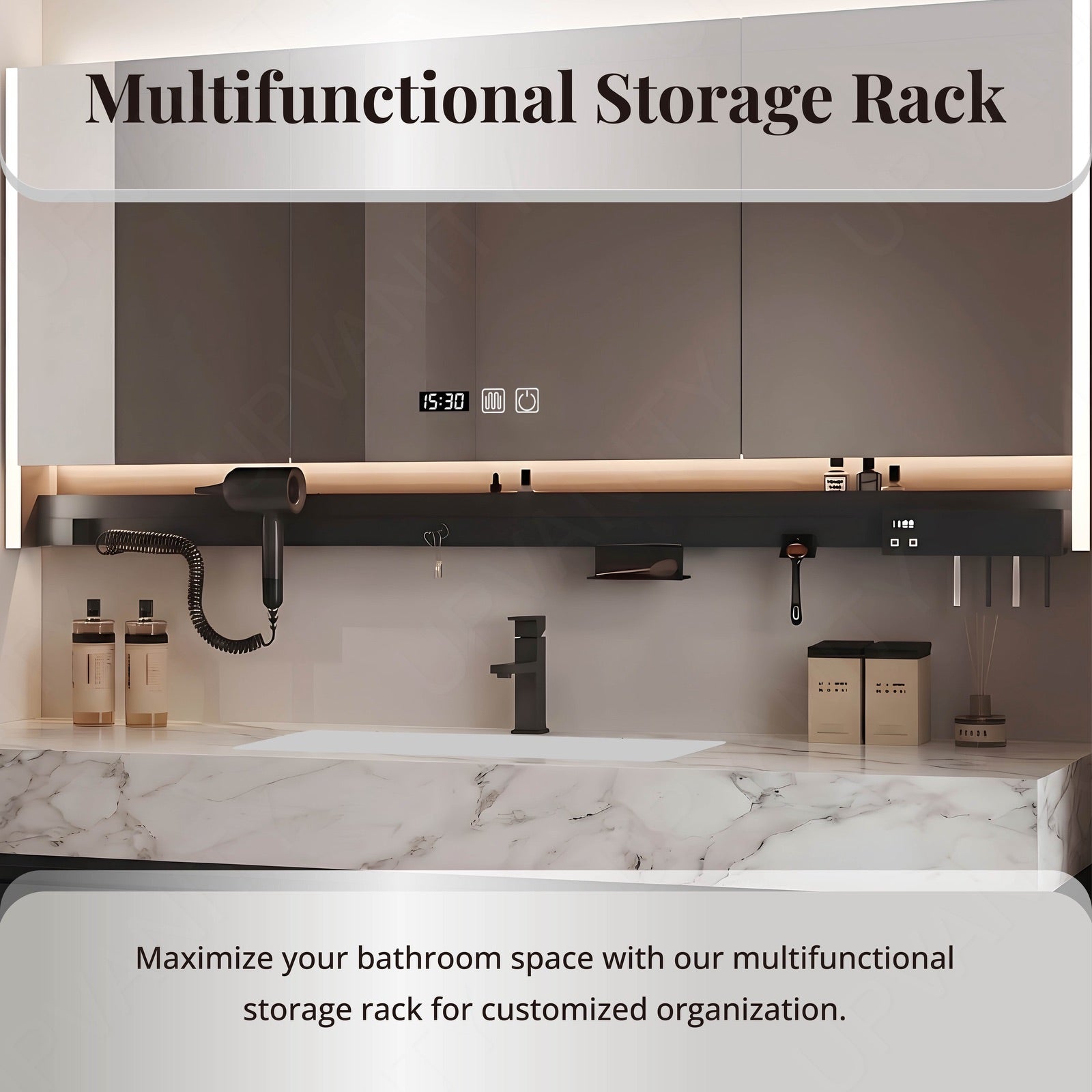 Modern Bath Vanity Set, Black, Marble Textured Top, 40"- 72", Single, Floating, Smart LED Mirror, Rear Cabinet, Storage Rack
