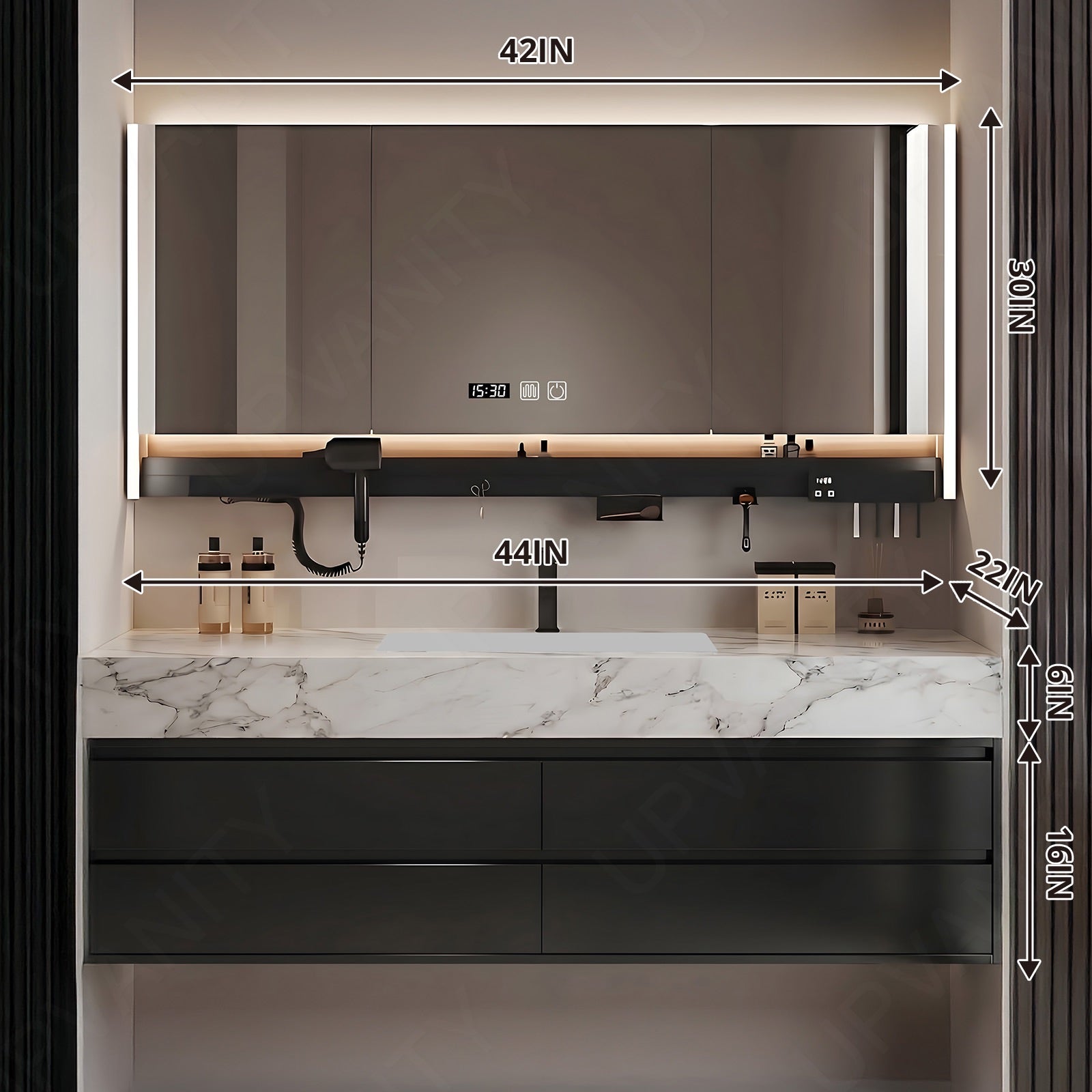 Modern Bath Vanity Set, Black, Marble Textured Top, 40"- 72", Single, Floating, Smart LED Mirror, Rear Cabinet, Storage Rack