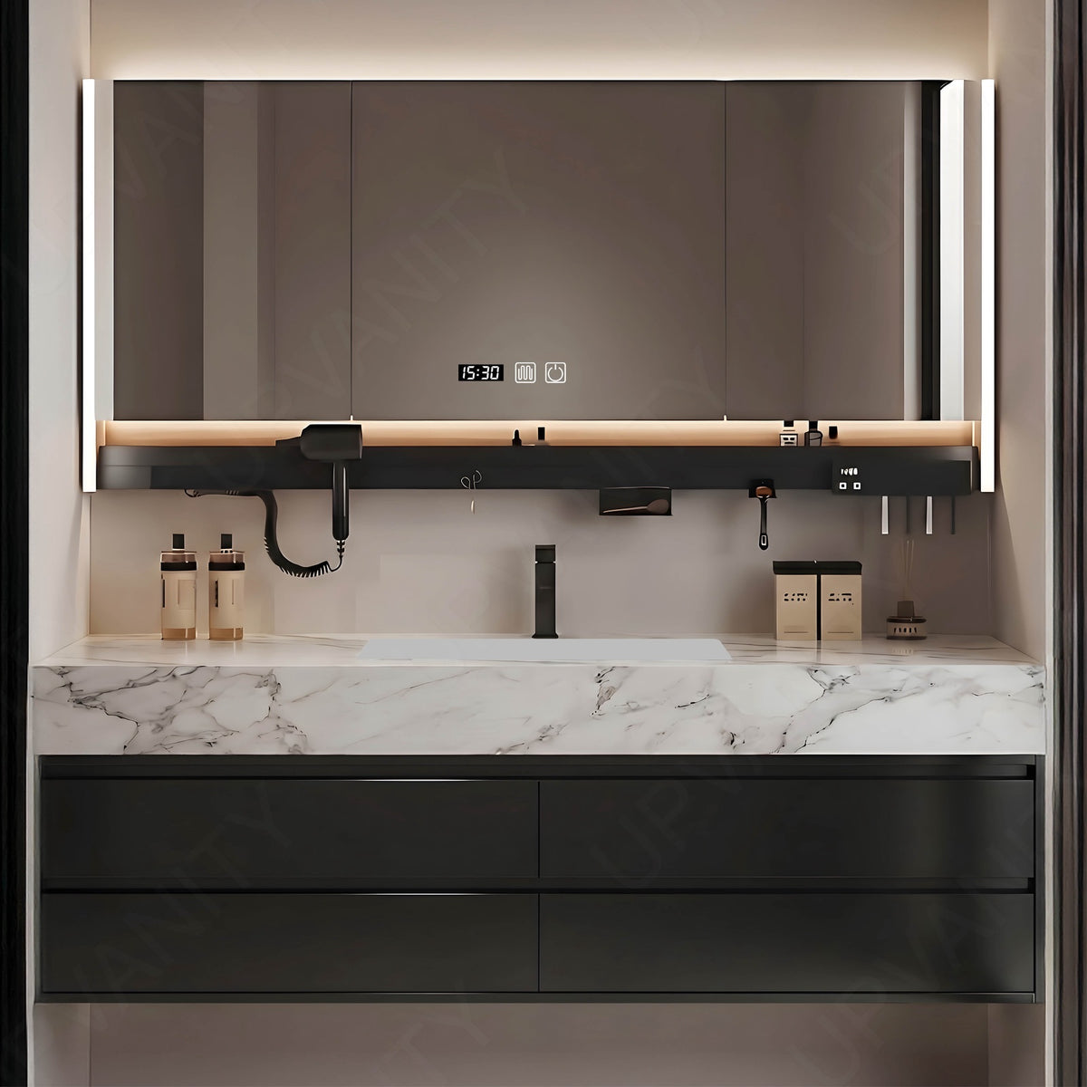 Modern Bath Vanity Set, Black, Marble Textured Top, 40"- 72", Single, Floating, Smart LED Mirror, Rear Cabinet, Storage Rack