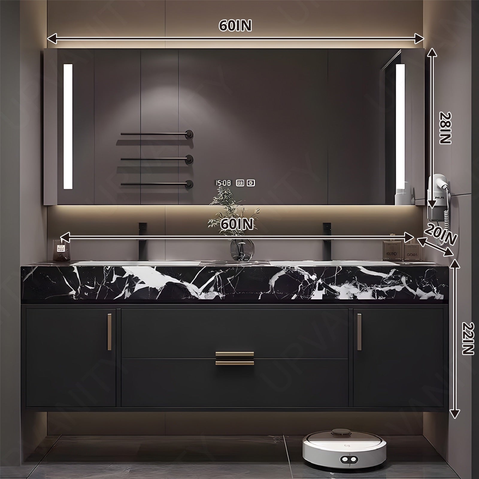 Modern Bath Vanity Set, Black, Marble Textured Top, 52"-78", Double, Floating, Gold Accents, Smart LED Mirror, Rear Cabinet