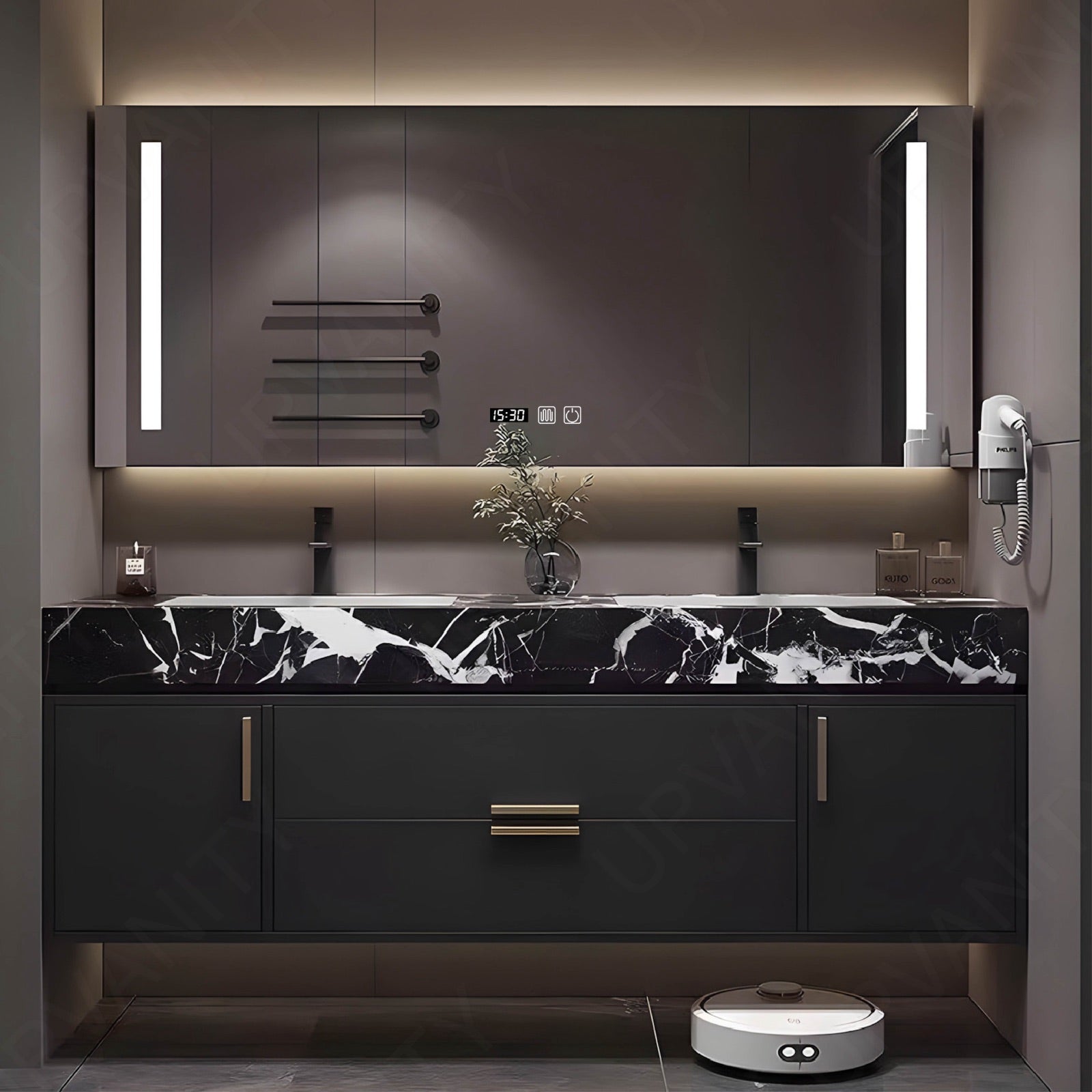 Modern Bath Vanity Set, Black, Marble Textured Top, 52"-78", Double, Floating, Gold Accents, Smart LED Mirror, Rear Cabinet