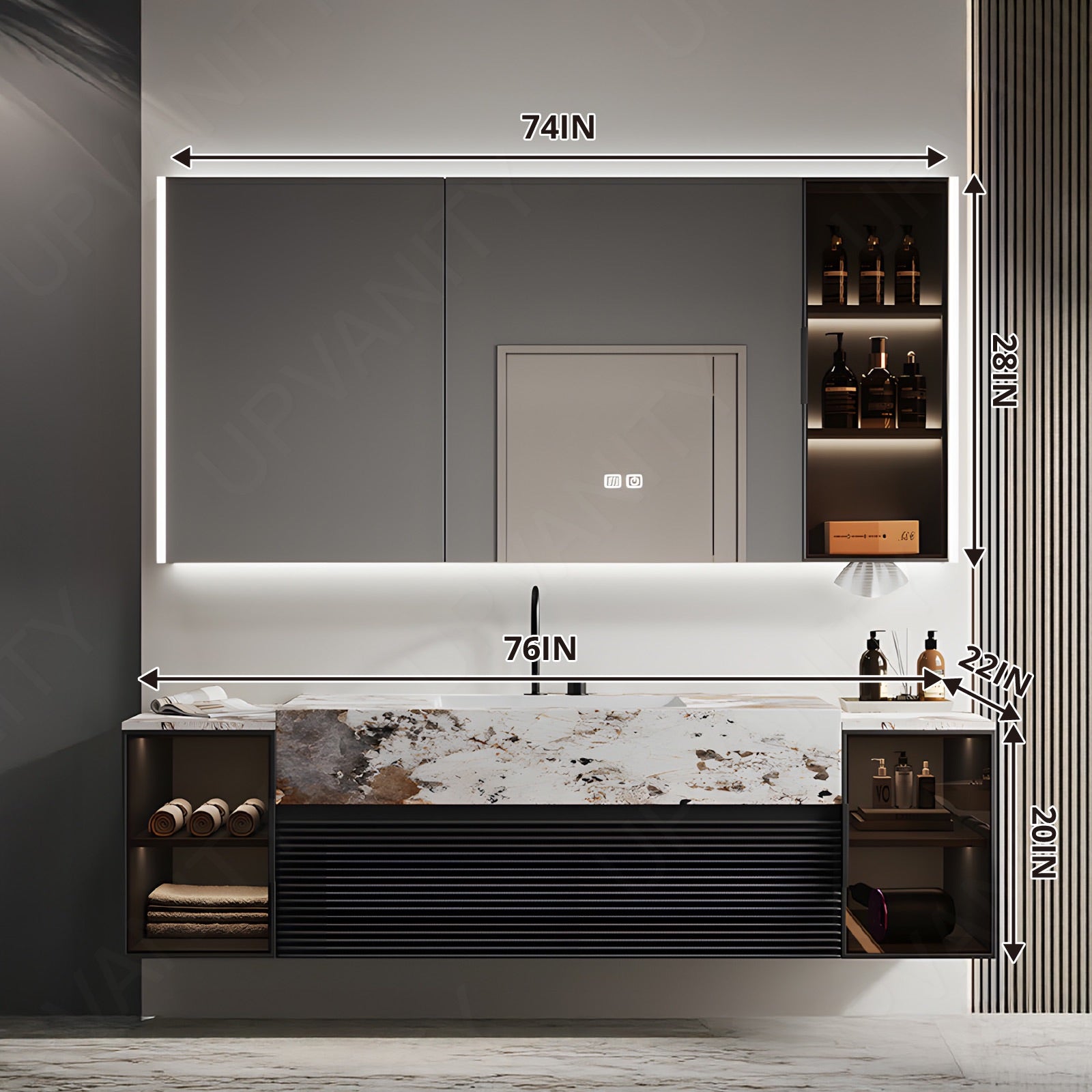 Modern Bath Vanity Set, Black, Marble Textured Top, 52"-78", Single, Floating, Glass Door, Smart LED Mirror, Rear/Side Cabinet