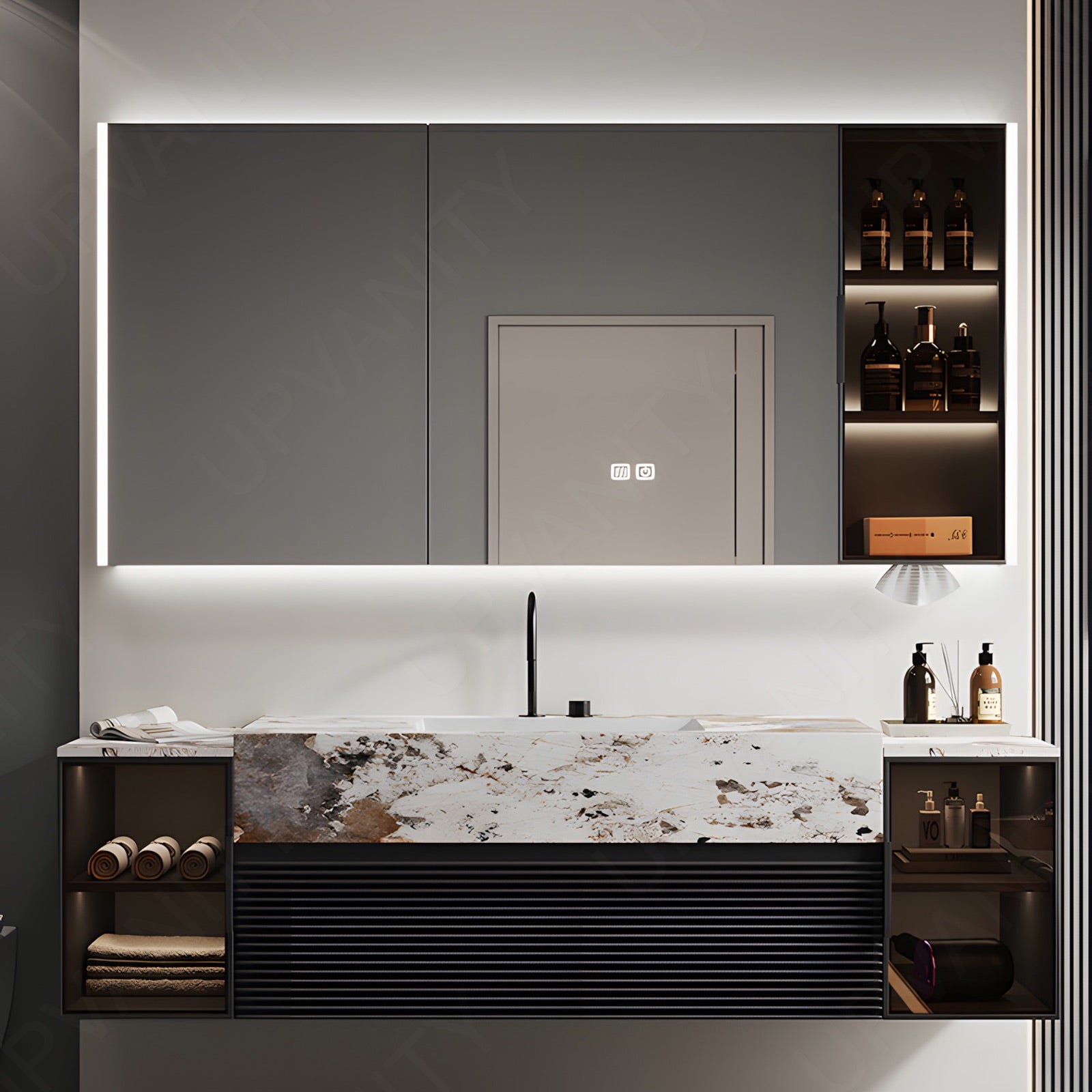 Modern Bath Vanity Set, Black, Marble Textured Top, 52"-78", Single, Floating, Glass Door, Smart LED Mirror, Rear/Side Cabinet