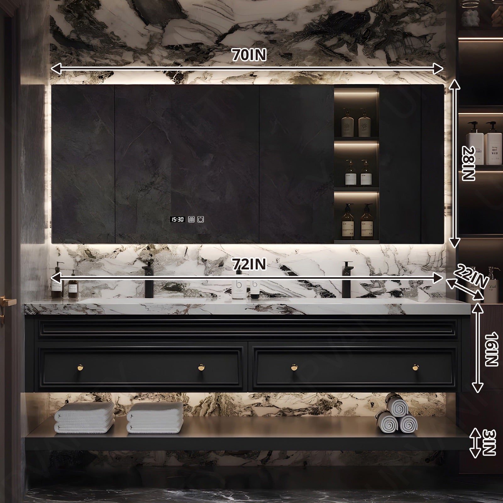 Modern Bath Vanity Set, Black, Marble Textured Top, 52"-78", Single, Floating, Gold Accents, Smart LED Mirror, Rear Cabinet