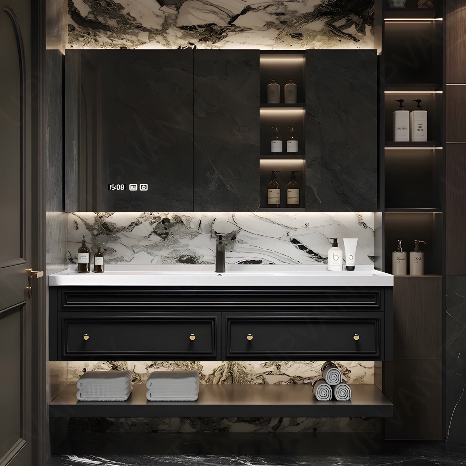 Modern Bath Vanity Set, Black, Marble Textured Top, 52"-78", Single, Floating, Gold Accents, Smart LED Mirror, Rear Cabinet