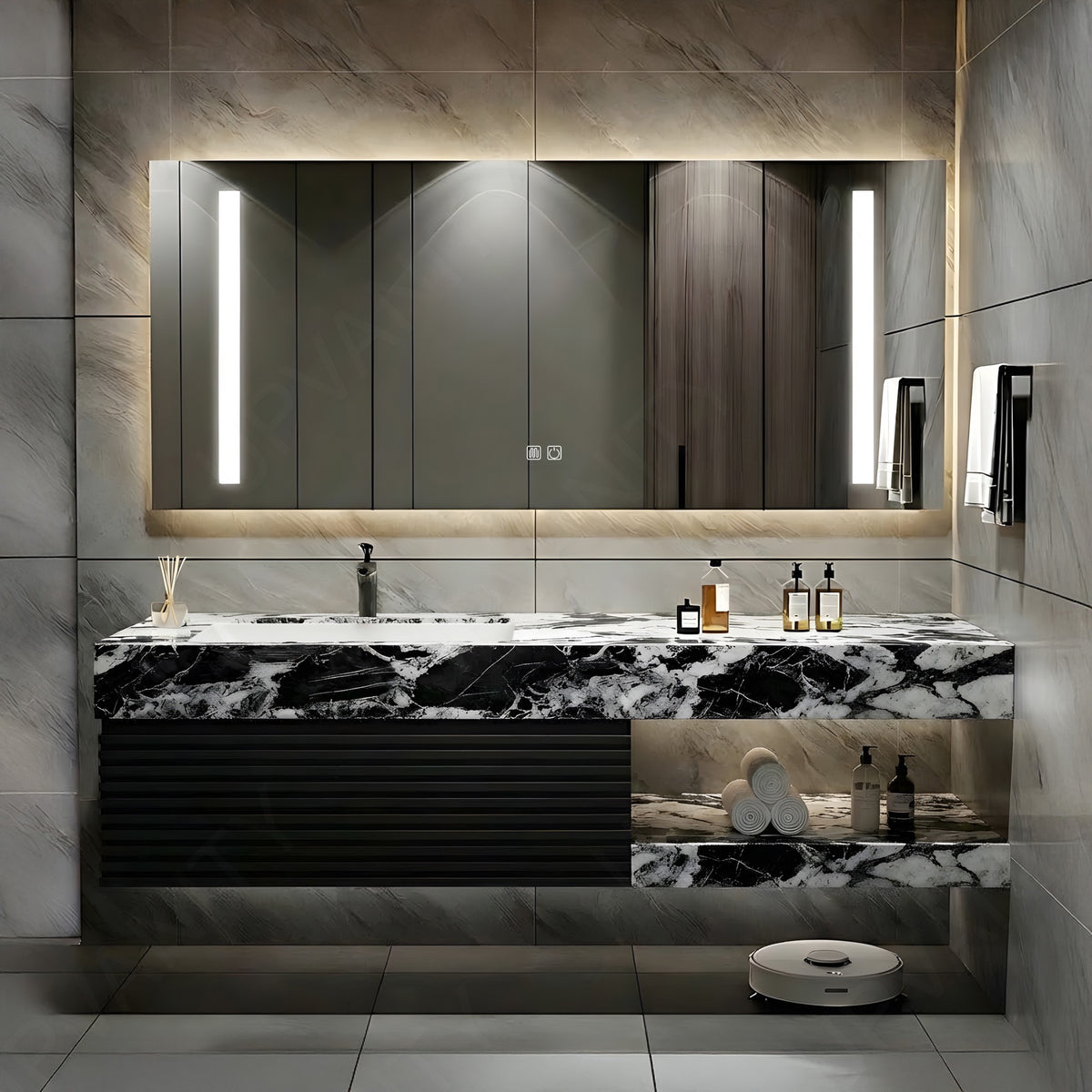 Modern Bath Vanity Set, Black, Marble Textured Top, Striped Panel, 40"- 72", Single, Floating, Smart LED Mirror, Rear Cabinet
