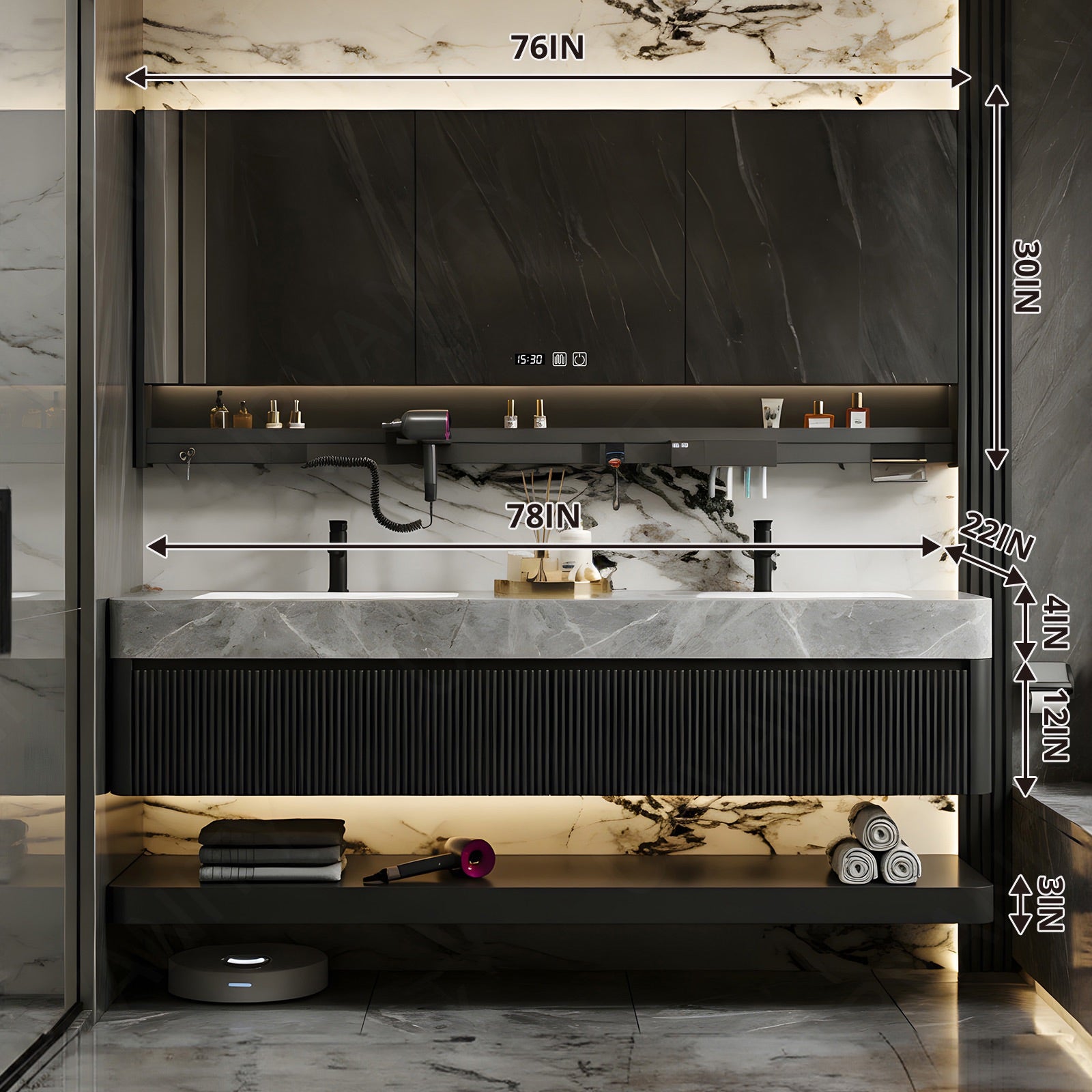 Modern Bath Vanity Set, Black, Marble Textured Top, Striped Panels, 36"- 78", Double, Floating, Smart LED Mirror, Rear Cabinet, Storage Rack