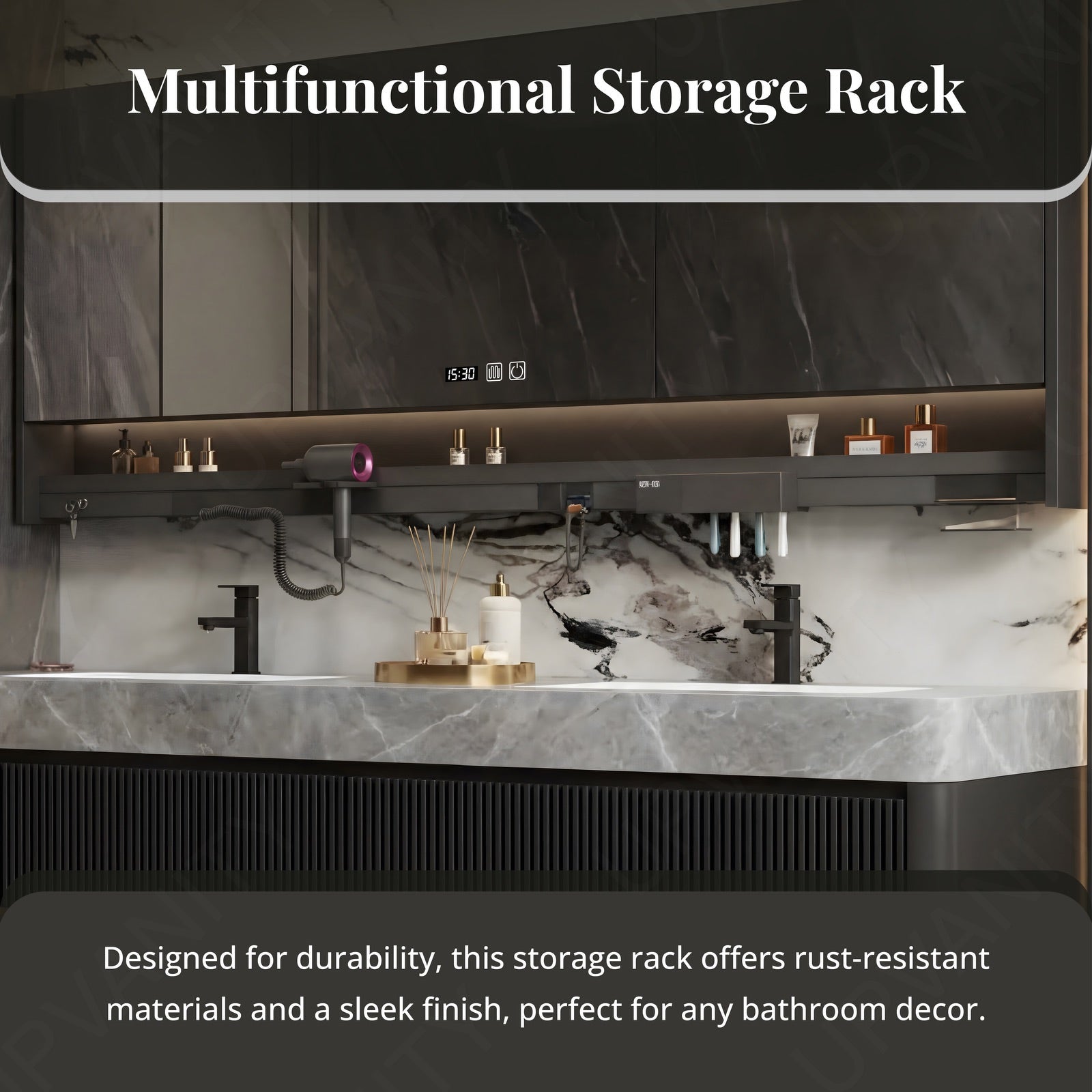 Modern Bath Vanity Set, Black, Marble Textured Top, Striped Panels, 36"- 78", Double, Floating, Smart LED Mirror, Rear Cabinet, Storage Rack