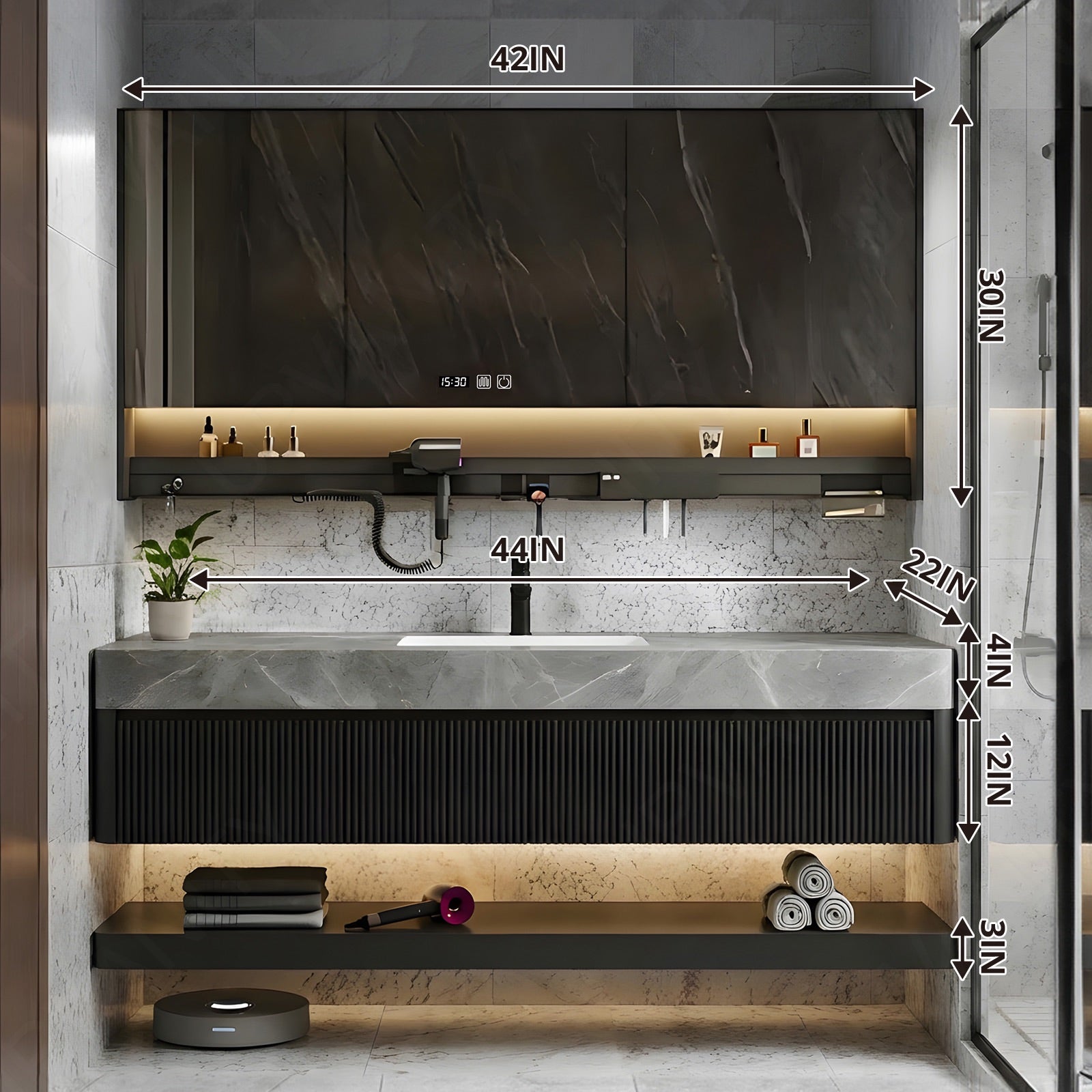 Modern Bath Vanity Set, Black, Marble Textured Top, Striped Panels, 36"- 78", Double, Floating, Smart LED Mirror, Rear Cabinet, Storage Rack