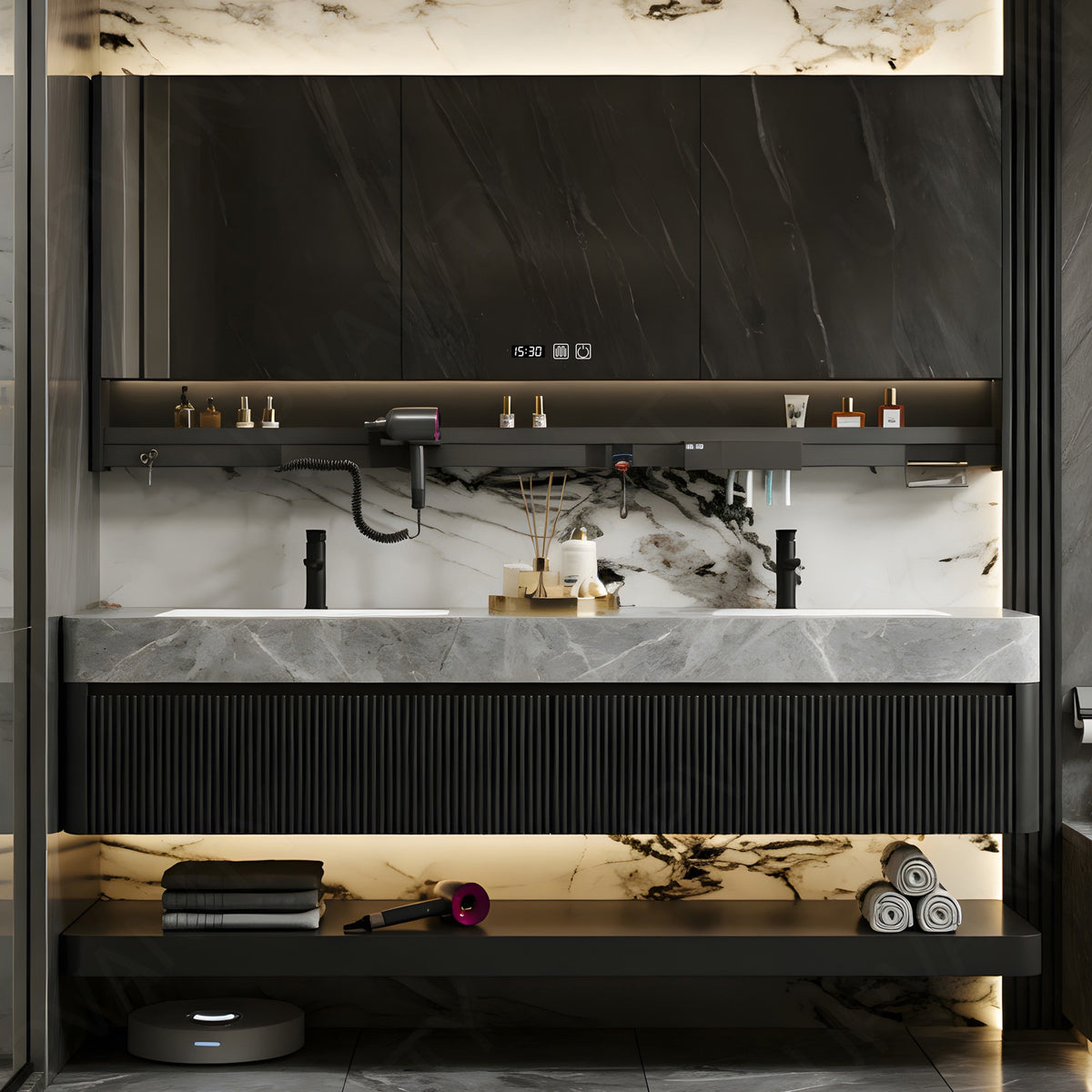 Modern Bath Vanity Set, Black, Marble Textured Top, Striped Panels, 36"- 78", Double, Floating, Smart LED Mirror, Rear Cabinet, Storage Rack