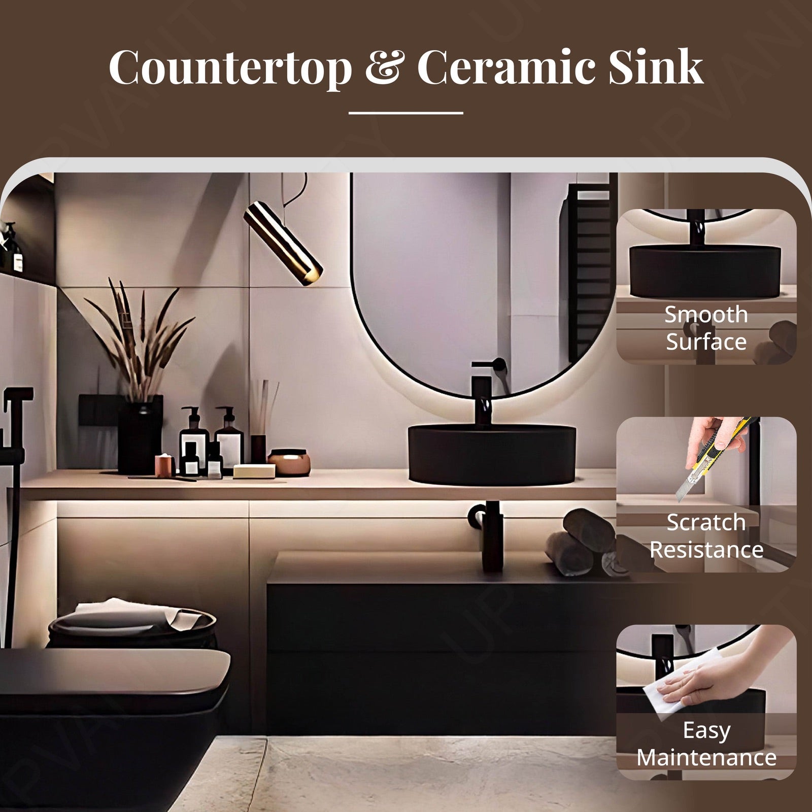 Modern Bath Vanity Set, Black, Natural Solid Wood Top, 40"- 64", Single Vessel Sink, Floating, Oval Smart LED Mirror