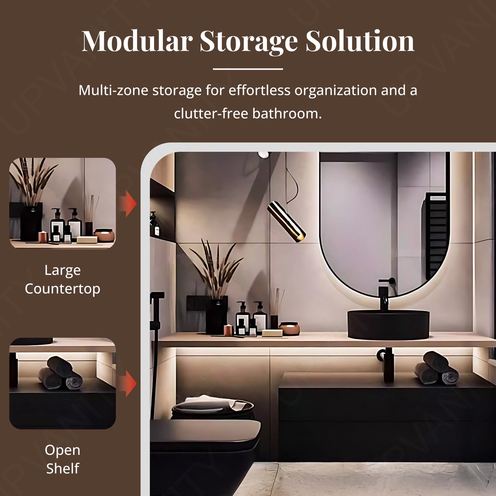 Modern Bath Vanity Set, Black, Natural Solid Wood Top, 40"- 64", Single Vessel Sink, Floating, Oval Smart LED Mirror