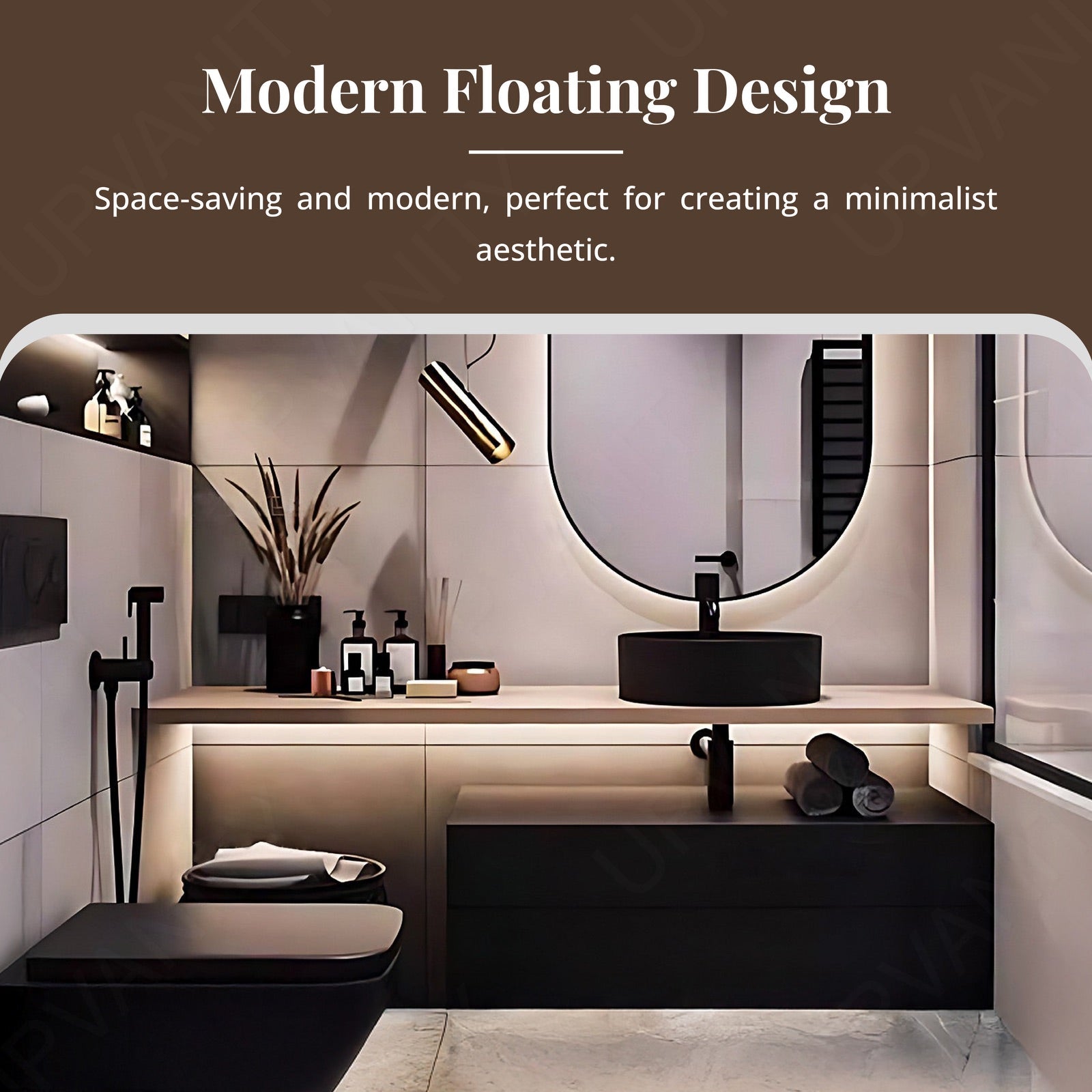 Modern Bath Vanity Set, Black, Natural Solid Wood Top, 40"- 64", Single Vessel Sink, Floating, Oval Smart LED Mirror