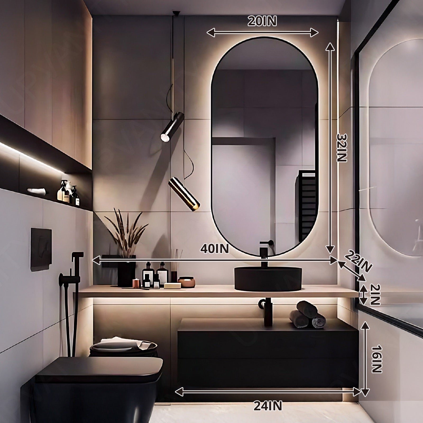 Modern Bath Vanity Set, Black, Natural Solid Wood Top, 40"- 64", Single Vessel Sink, Floating, Oval Smart LED Mirror