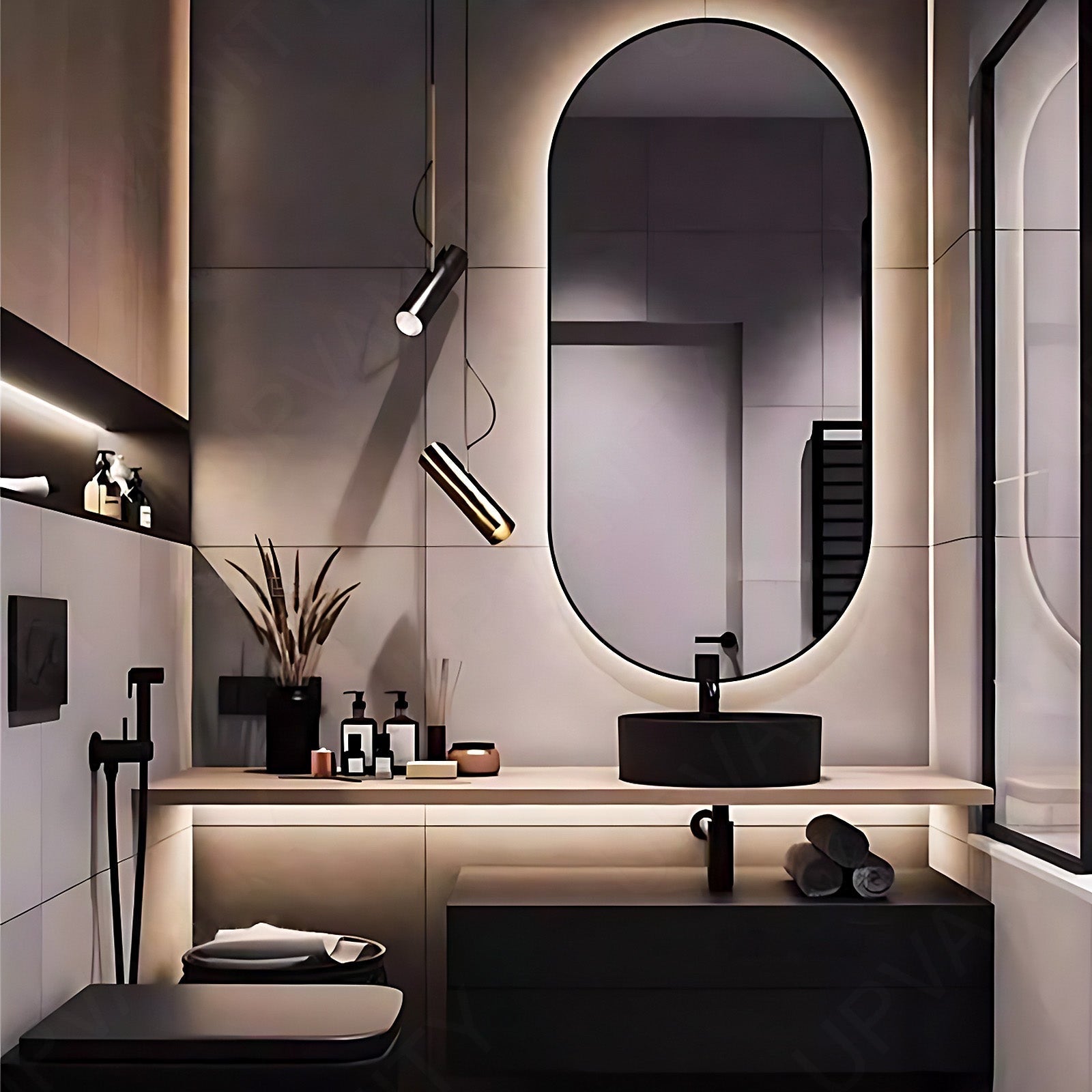 Modern Bath Vanity Set, Black, Natural Solid Wood Top, 40"- 64", Single Vessel Sink, Floating, Oval Smart LED Mirror