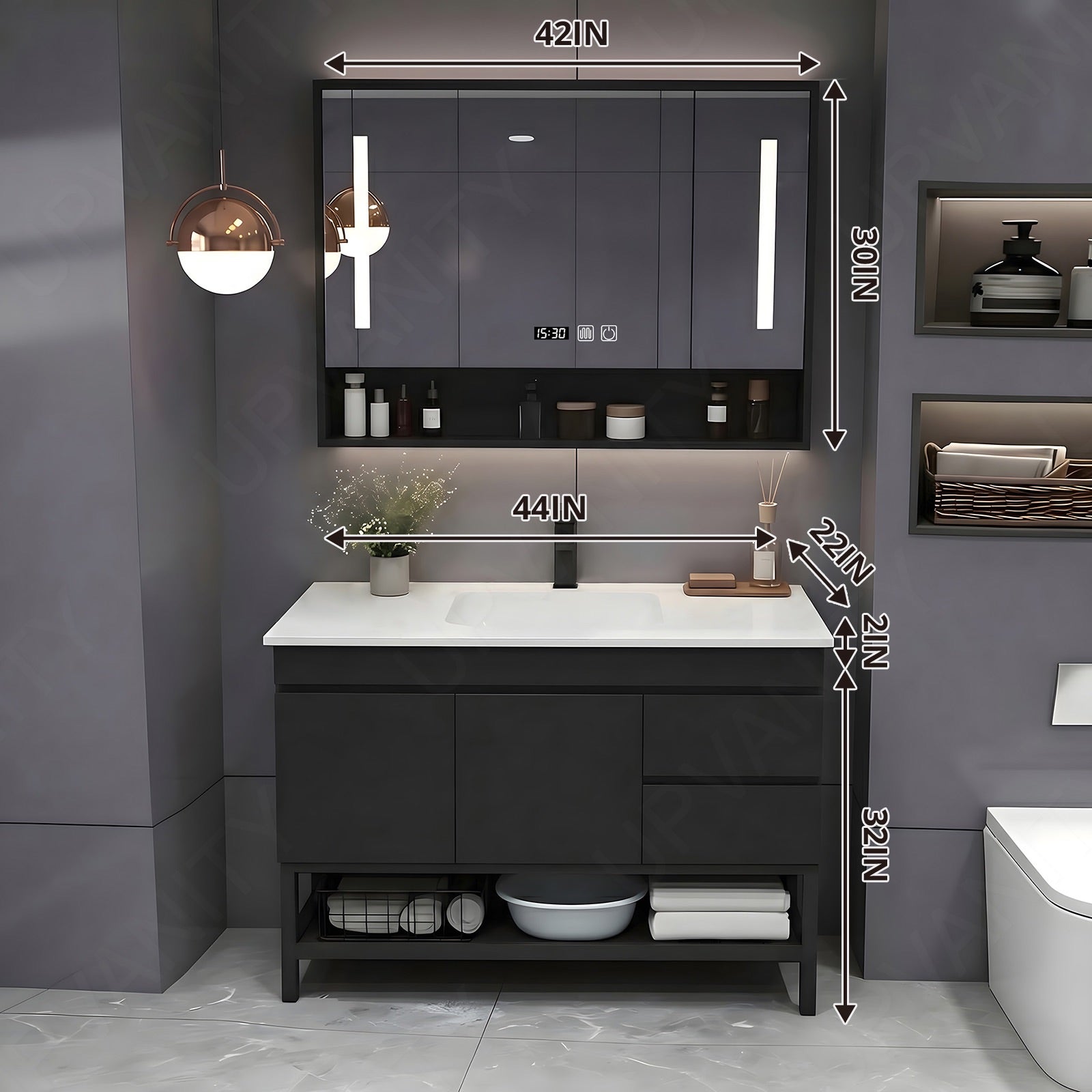 Modern Bath Vanity Set, Black, Open Storage, 24"- 64", Single, Freestanding, Smart LED Mirror, Rear Cabinet