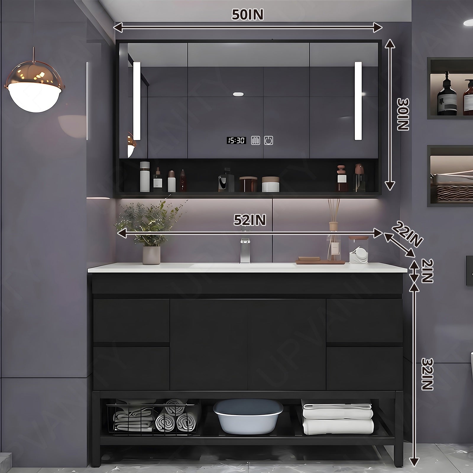 Modern Bath Vanity Set, Black, Open Storage, 24"- 64", Single, Freestanding, Smart LED Mirror, Rear Cabinet